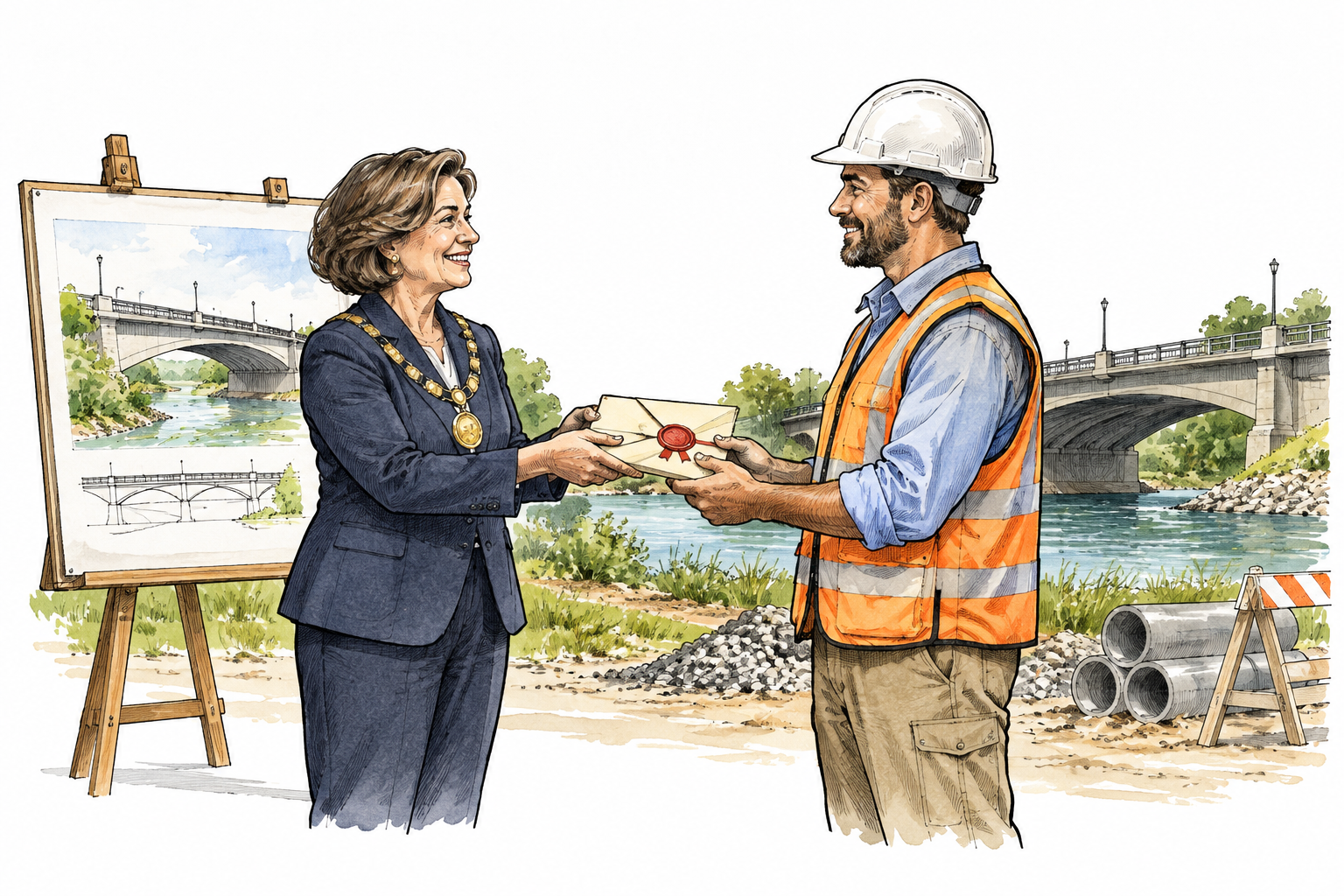 Mayor formally hands sealed authorization document to public works leader beside a bridge plan with no writing.