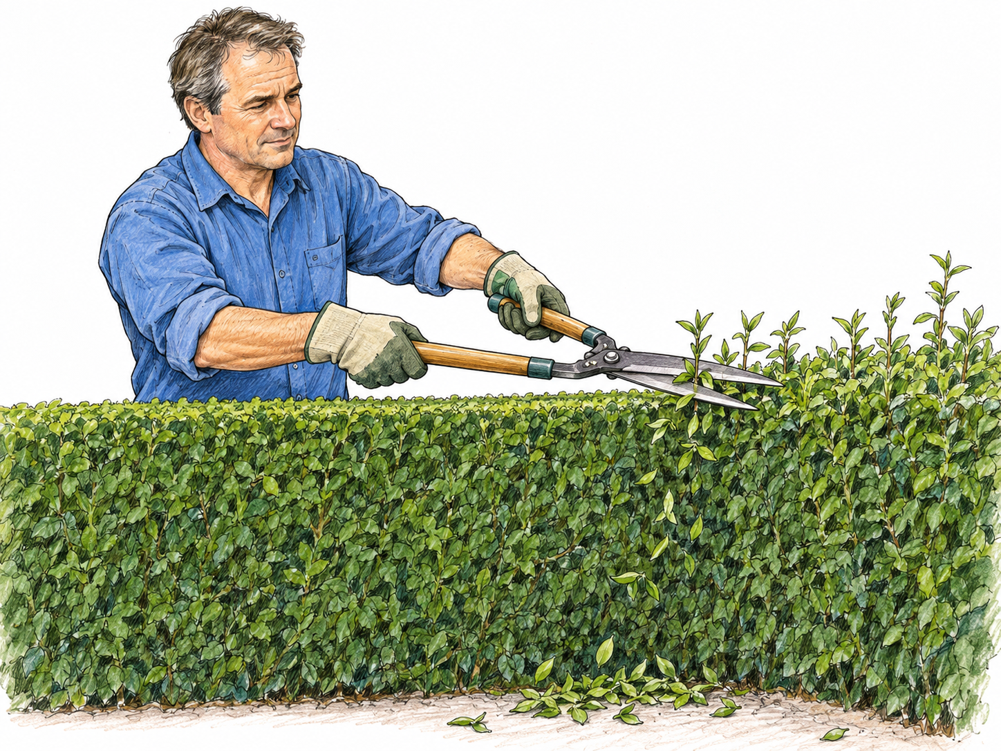 A man clips only the protruding leafy tips of a small hedge, leaving a neat, level top.