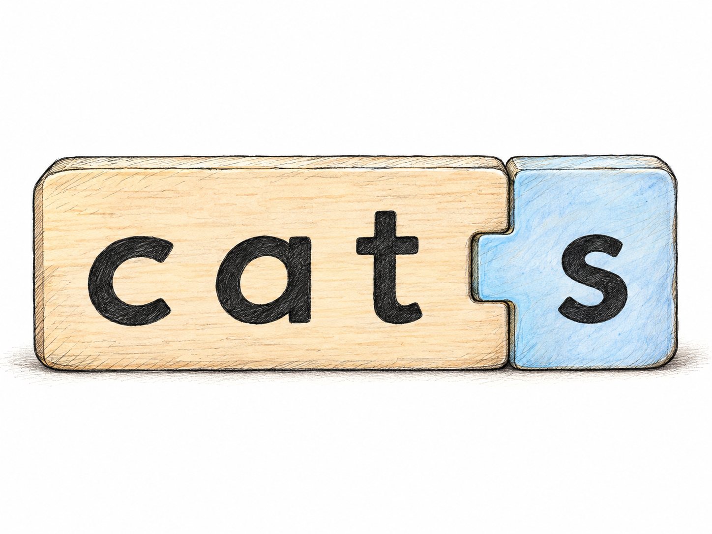 A physical word-building example: a wooden tile bearing “s” fits onto the right end of a tile bearing “cat,” forming “cats.” The added ending is distinguished by a restrained color wash.