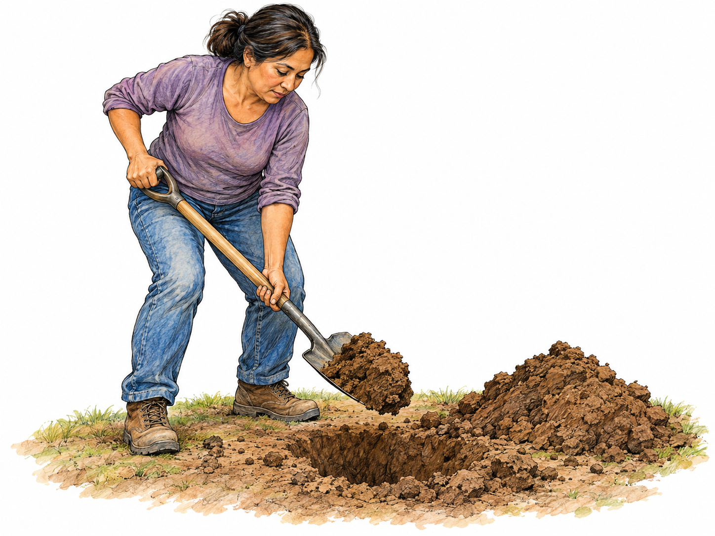 A woman lifts a shovelful of earth from a small, freshly opened hole, with loose clods on the blade and a soil pile beside the hole.