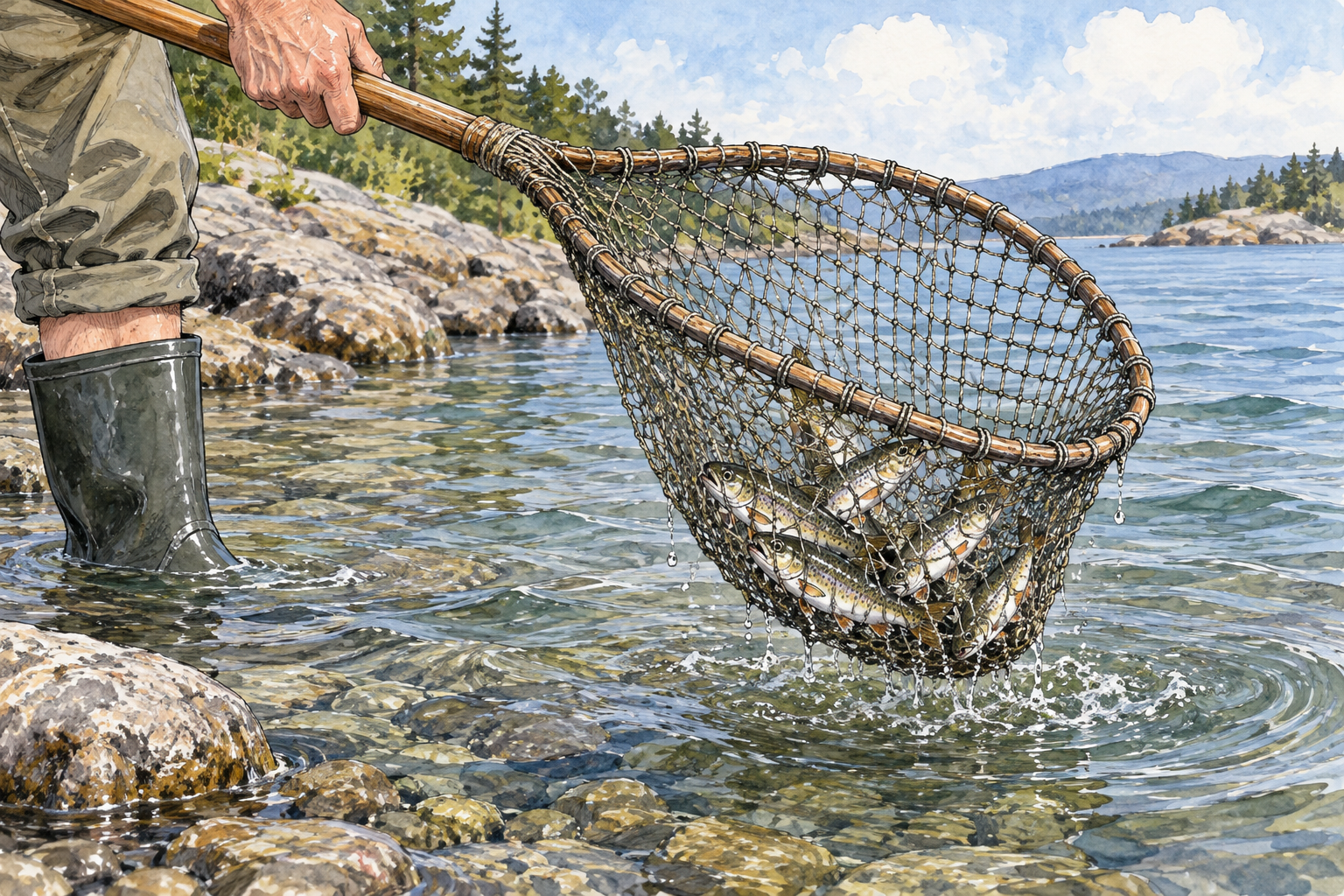 A practical fishing net scoops several small fish from shallow water, mesh knots and enclosing net bag clearly visible, no text.