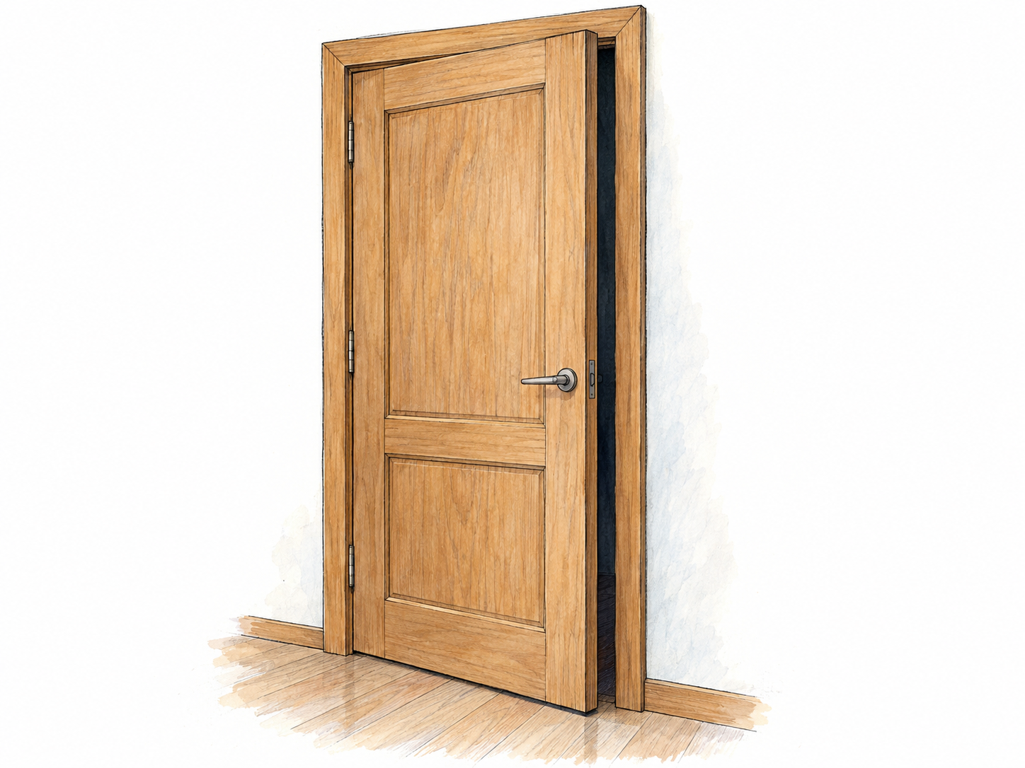 A plain door sits almost closed in its frame, with a narrow visible gap along the latch side showing that it is slightly open.
