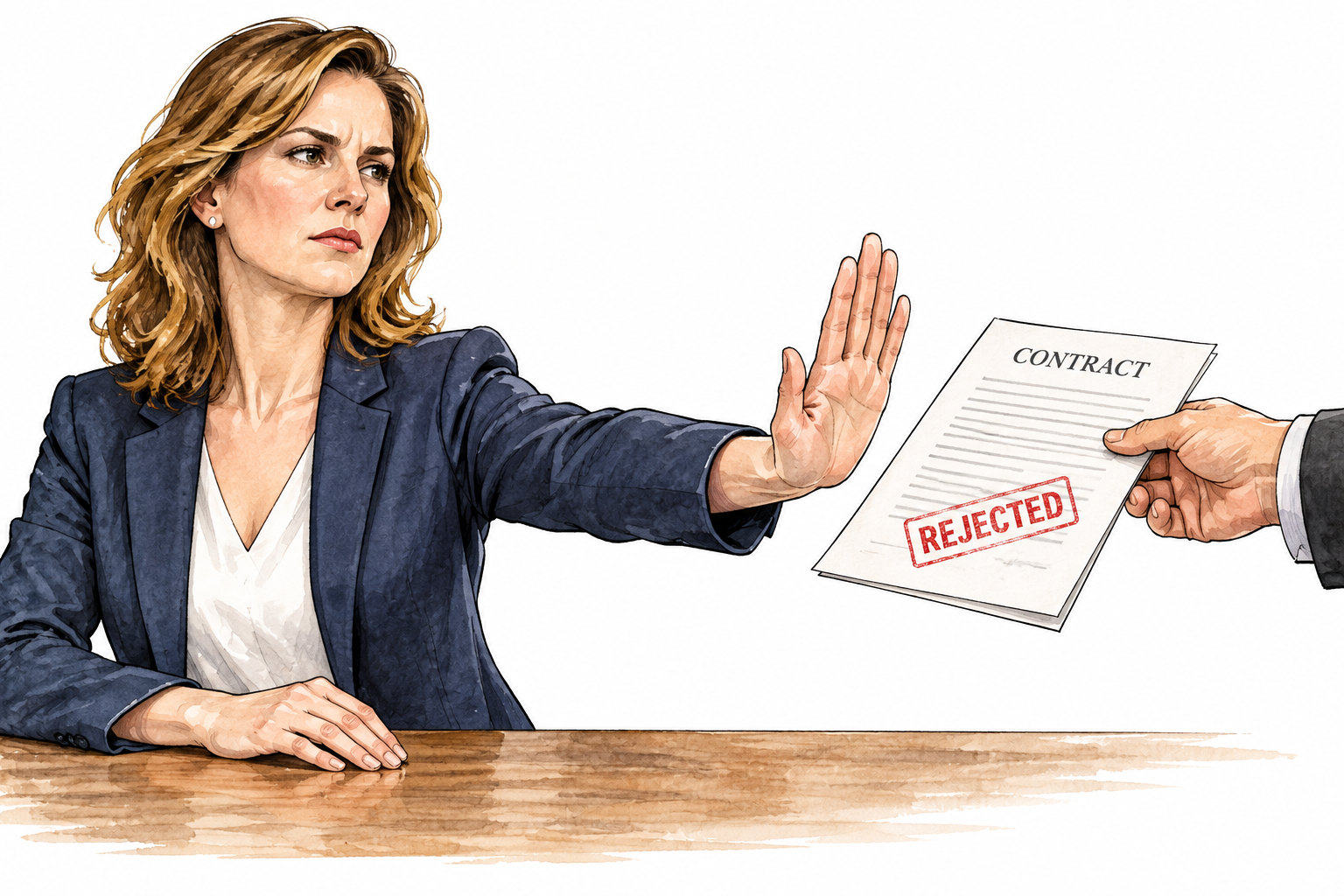 White adult woman rejects an offered contract, pushing paper back with firm open palm; small readable REJECTED stamp.