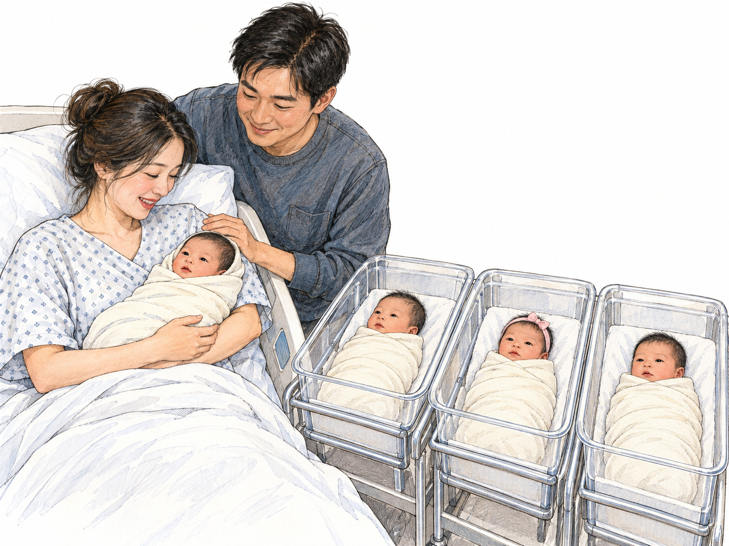 A mother recovering after childbirth cradles one newborn while three other newborns lie in separate bassinets immediately beside her bed.