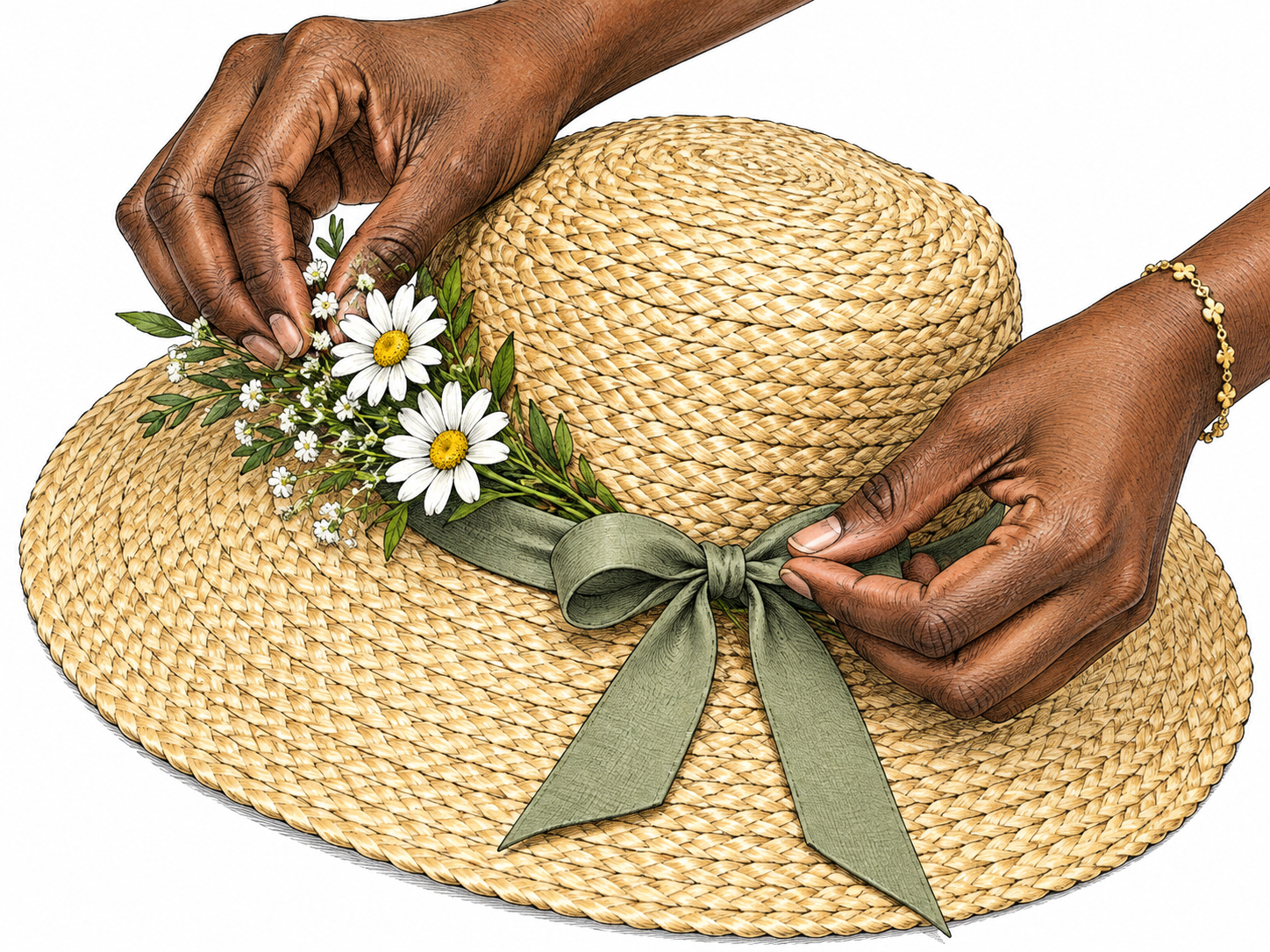 A person carefully adds a short ribbon bow and a sprig of fresh flowers to a plain straw hat, making it more beautiful; close view of hands, hat and flowers only, no words.