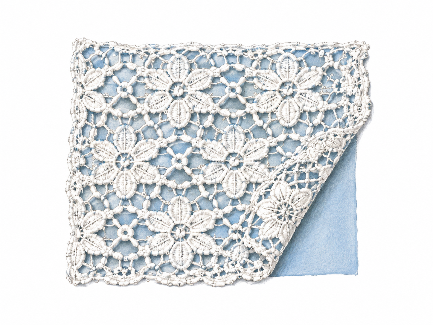 Small square of delicate white lace with open repeating floral thread pattern draped over a plain pale-blue backing corner to reveal holes, no clothing body or branding.