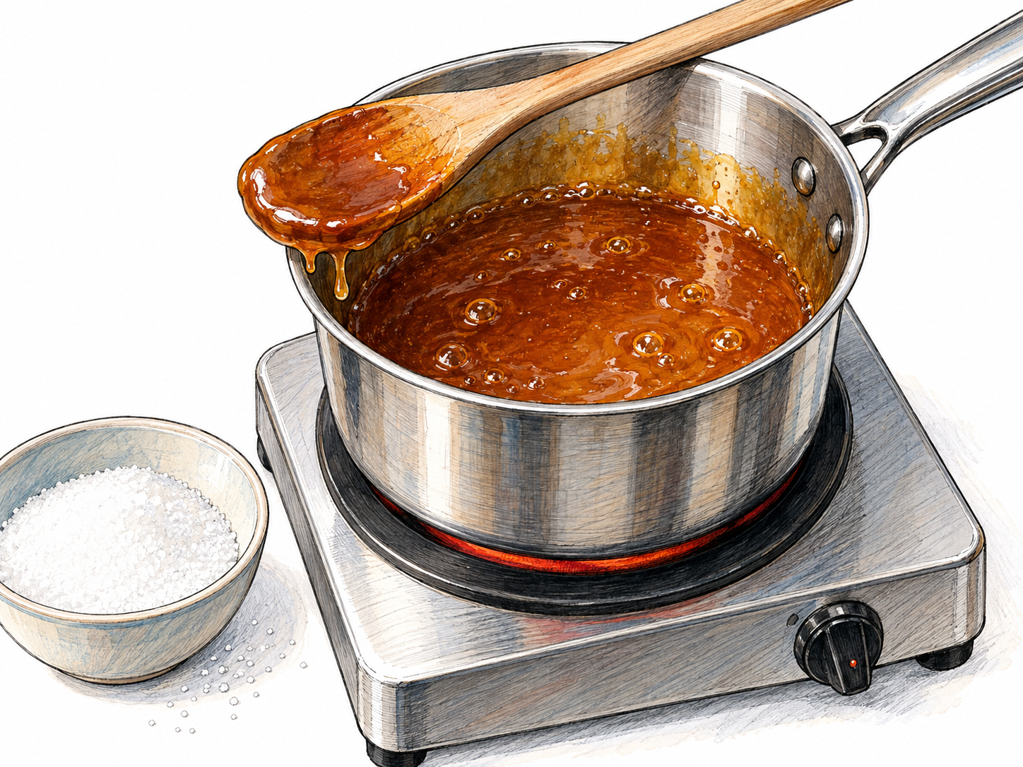 A small saucepan on an active electric burner contains glossy amber-brown melted sugar, with a wooden spoon resting across its rim and coated in caramel.