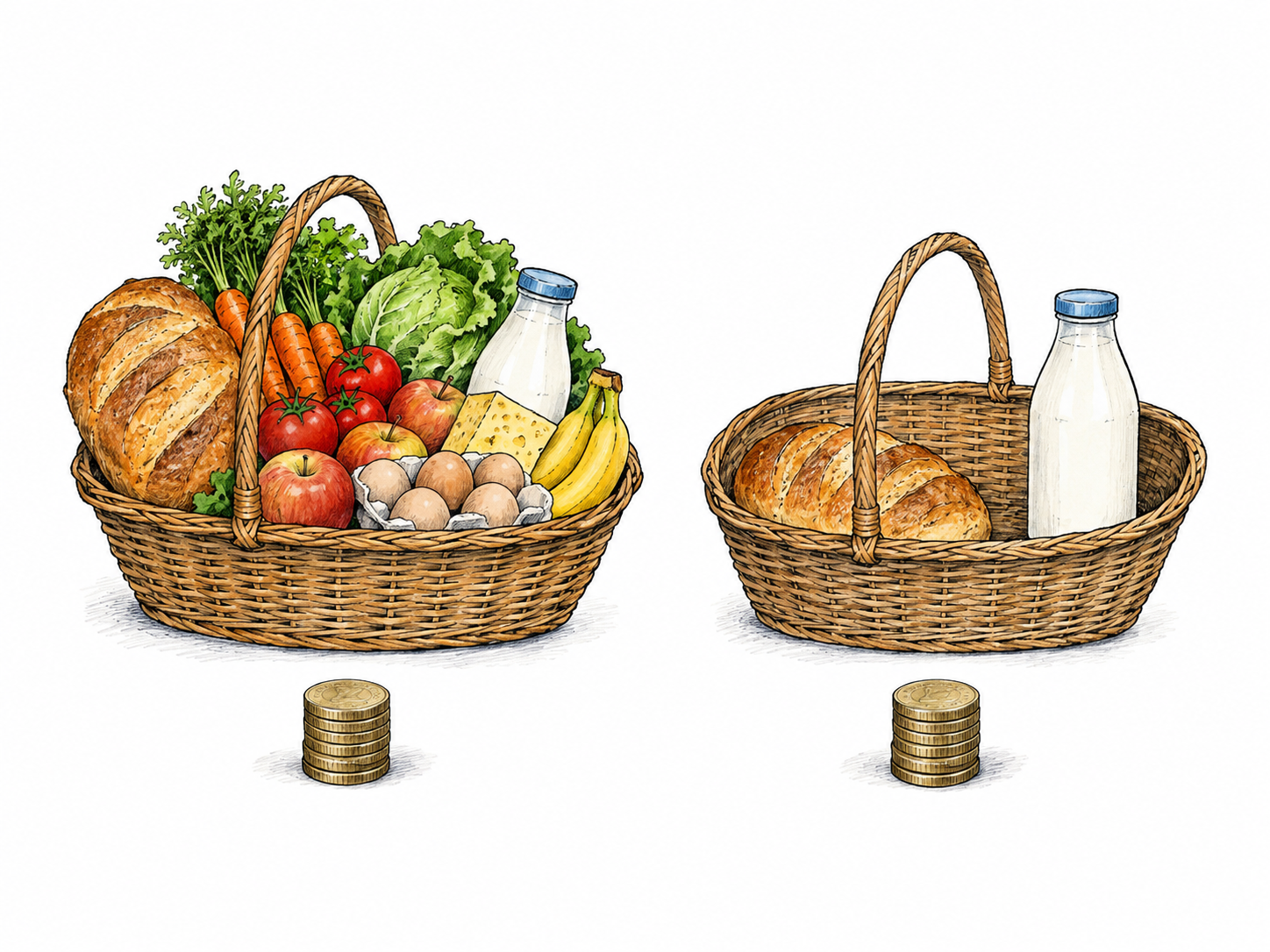 Two time-separated simple market vignettes: same small stack of coins buys a full basket left, just two staples right; same coins clearly shown, no price words.