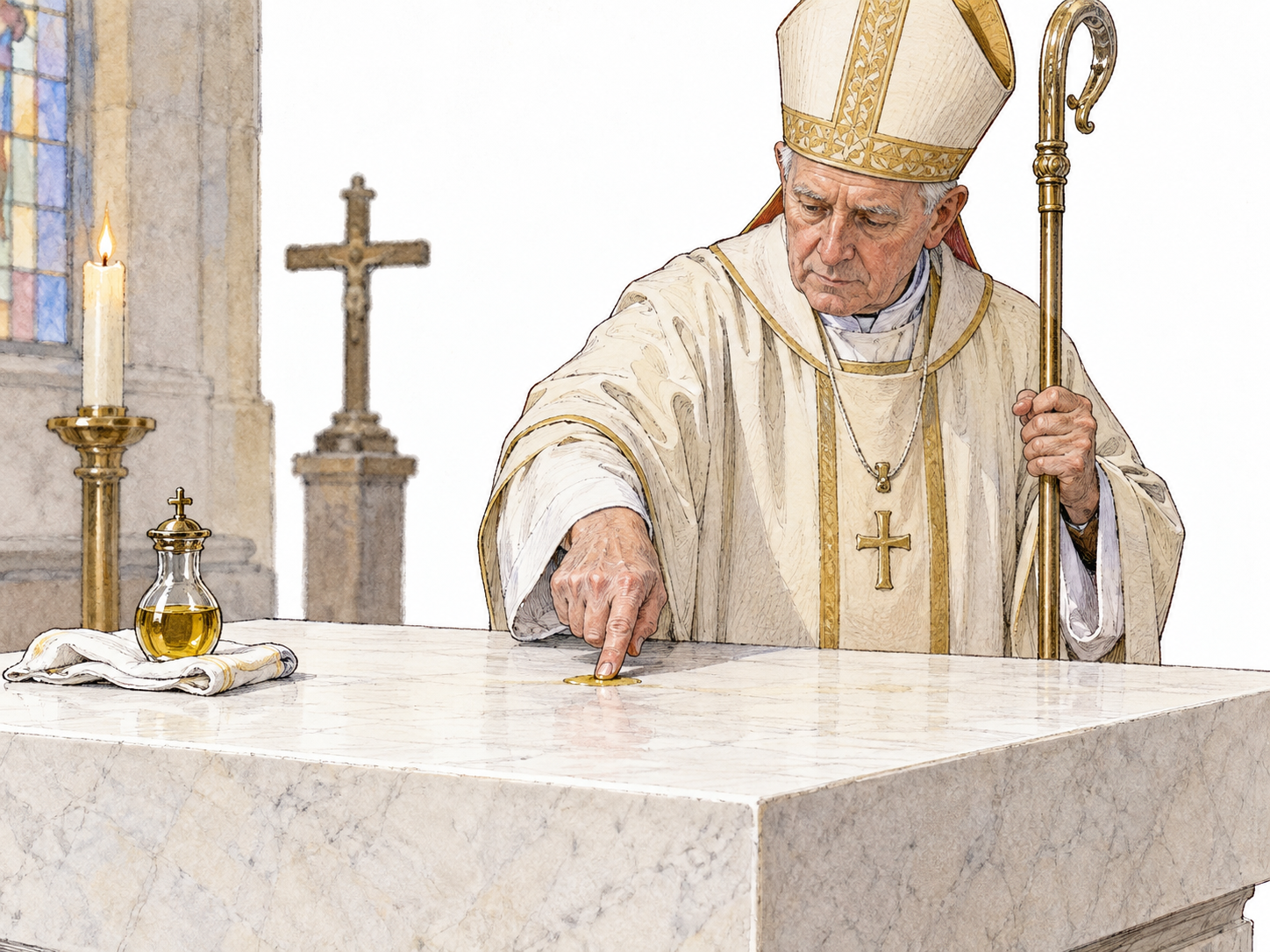 A new chapel altar receives anointing oil from bishop's fingertip in a solemn dedication rite; small oil vessel and linen cloth, no words or ornate crowded background.
