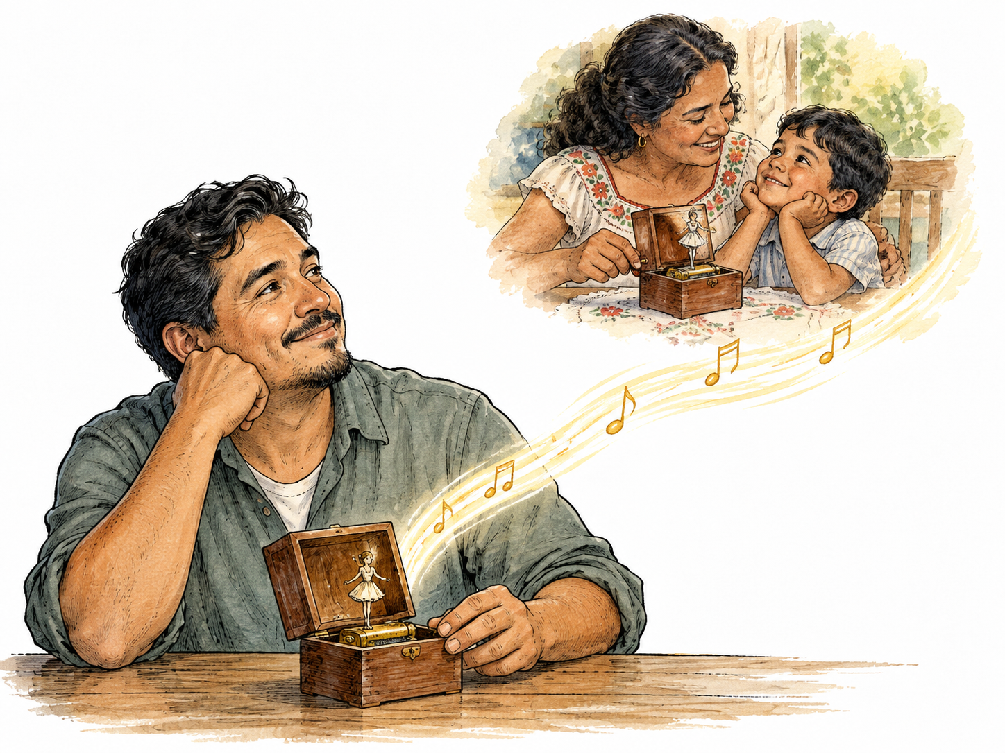 A Latino father hears a music box and remembers a tender childhood scene with his mother, soft memory vignette.