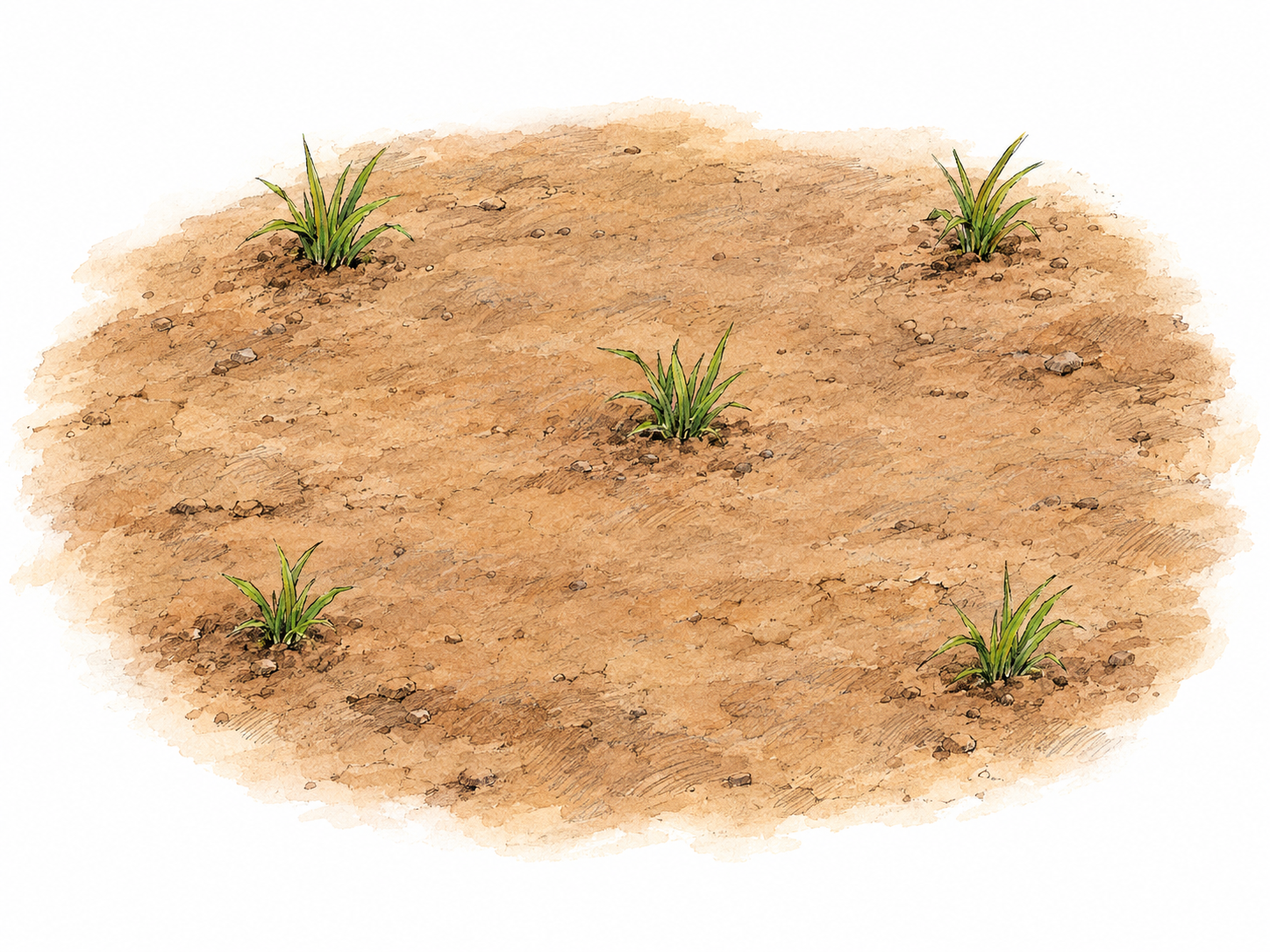 A broad patch of bare earth with only a few small grass tufts scattered far apart, making the sparse coverage immediately visible.