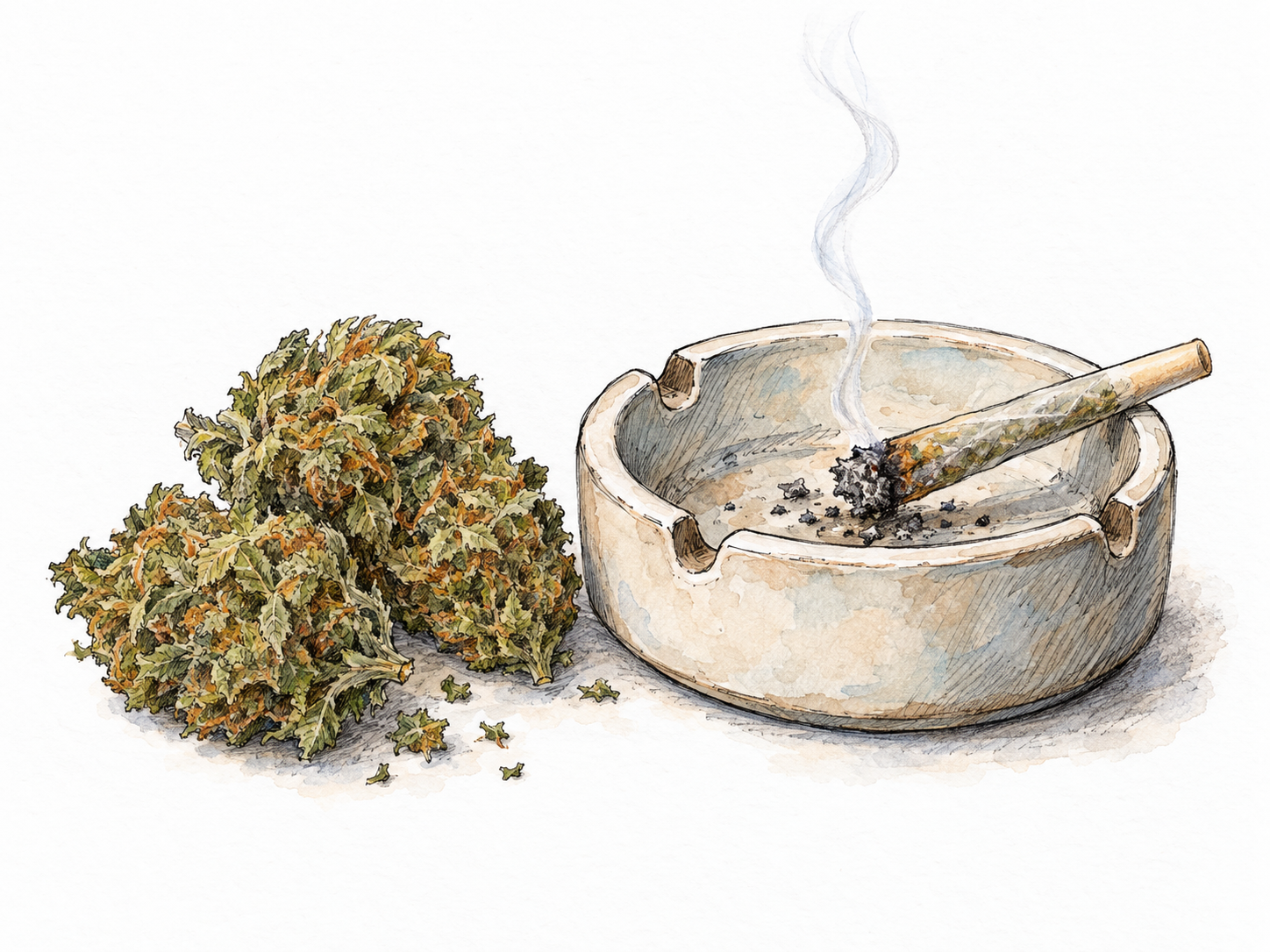 A small cluster of dried cannabis flower buds beside one partly smoked, hand-rolled joint in a plain ceramic ashtray, with a thin wisp of smoke.