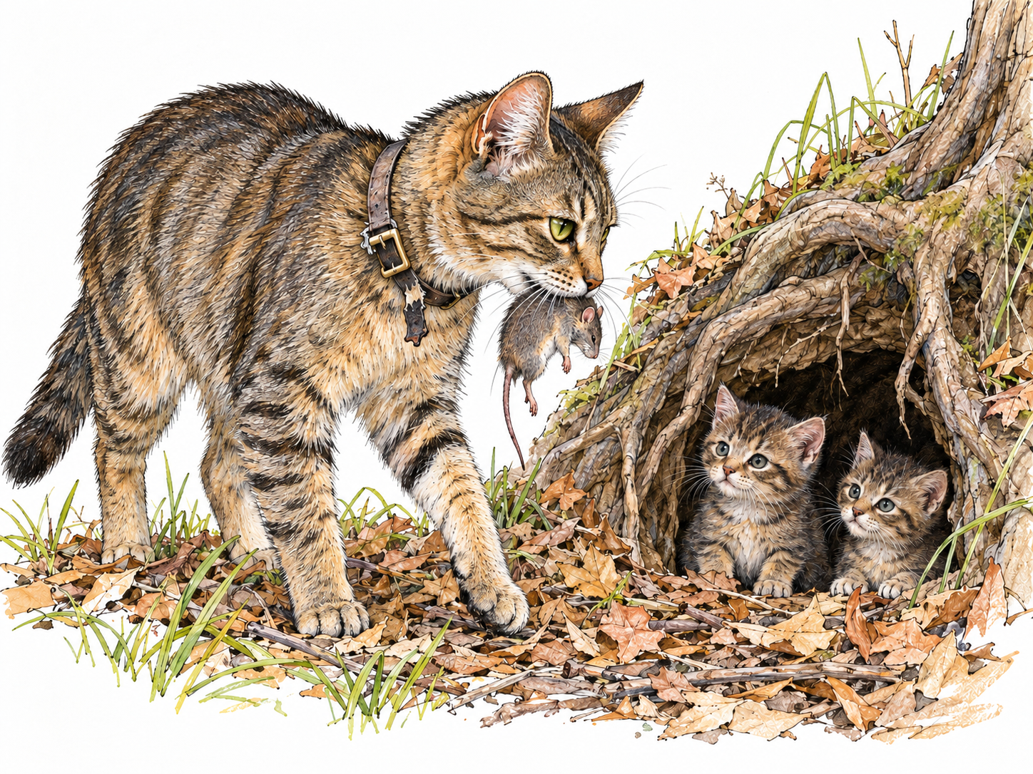A domestic-type cat with a weathered, broken collar lives in a rough outdoor den with its kittens, carrying freshly caught prey rather than receiving food from people.