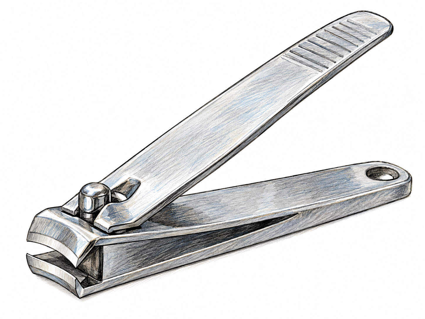 A large, clearly recognizable stainless-steel nail clipper, shown in three-quarter view with its lever raised and curved cutting jaws visible.