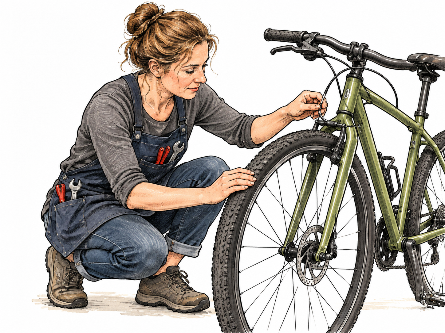 An adult bicycle mechanic closely inspects tire pressure and brake cable before a ride, checking correct condition, no gauge numbers required.