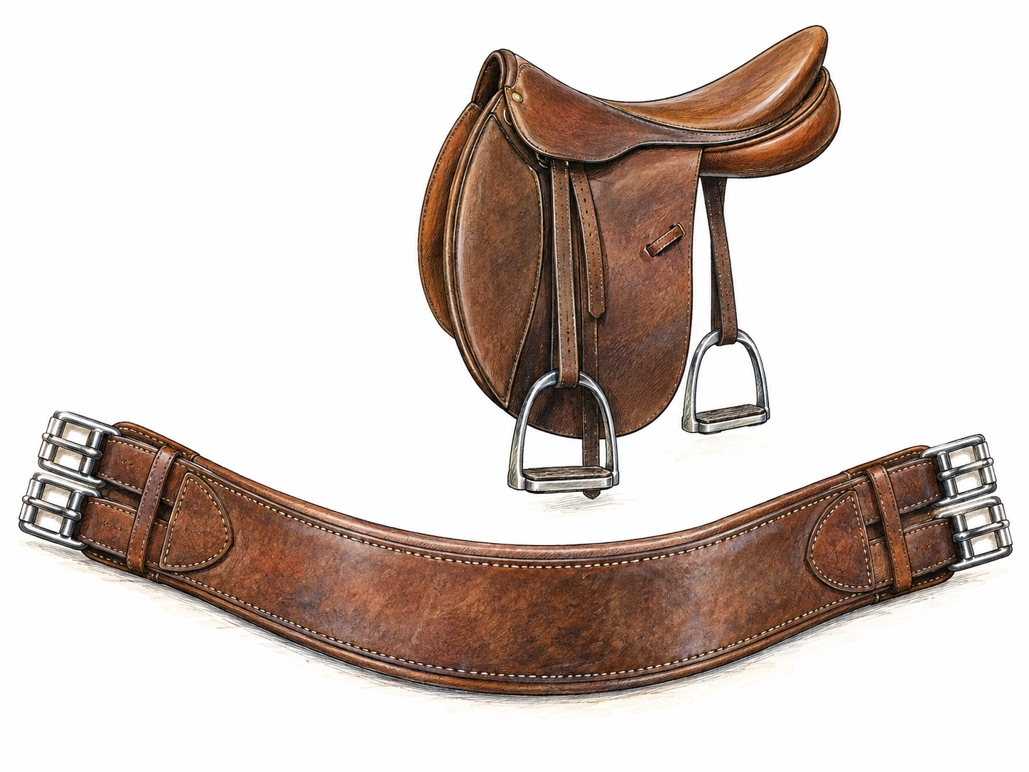 A wide brown leather saddle girth strap with sturdy paired metal buckles at both ends lies gently curved beneath a small side-view saddle.