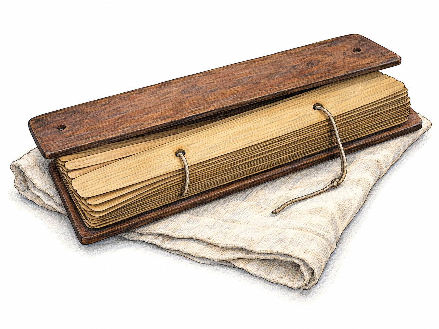 A traditional palm-leaf sutra manuscript resting partly opened between simple wooden covers on a folded cloth, with its binding cord clearly visible.