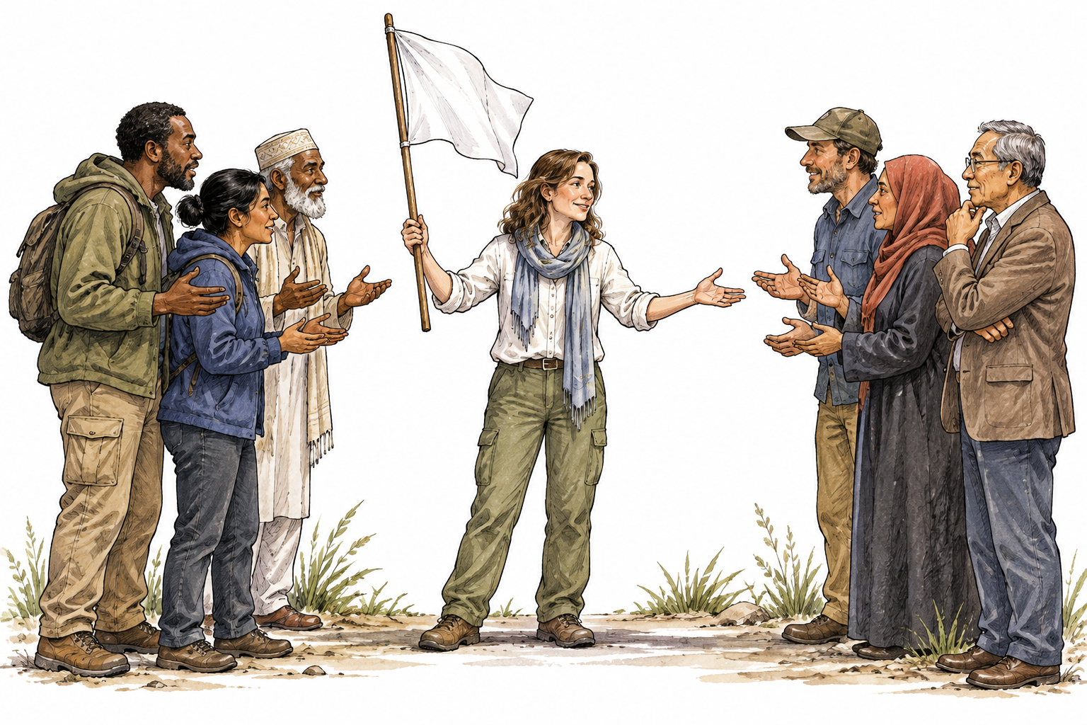 A calm white adult peace advocate holds a white flag between two groups choosing to talk, no confrontation or injuries.