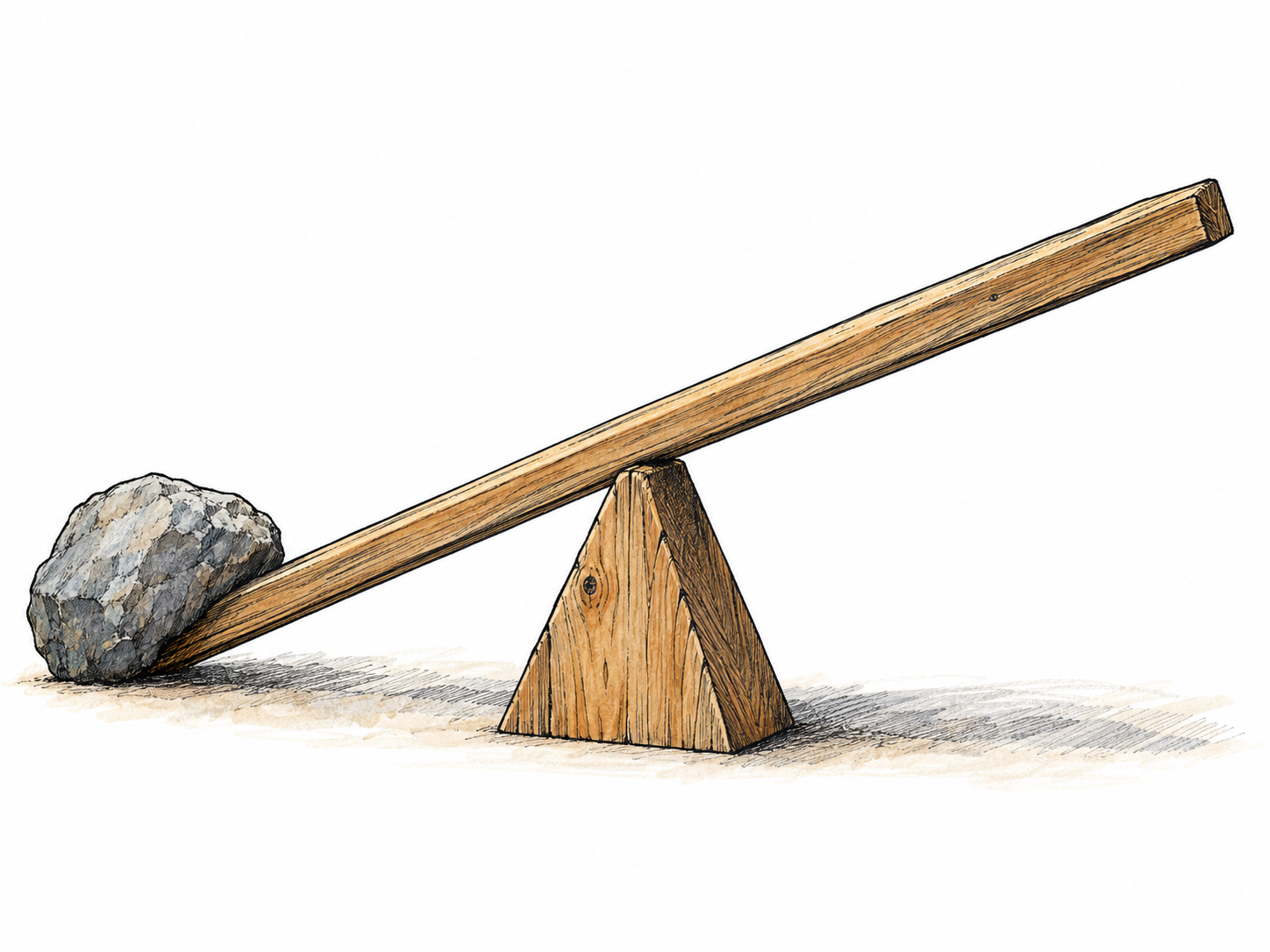 A simple wooden lever rests across the narrow crest of a sturdy triangular support, with a stone load on its short end.