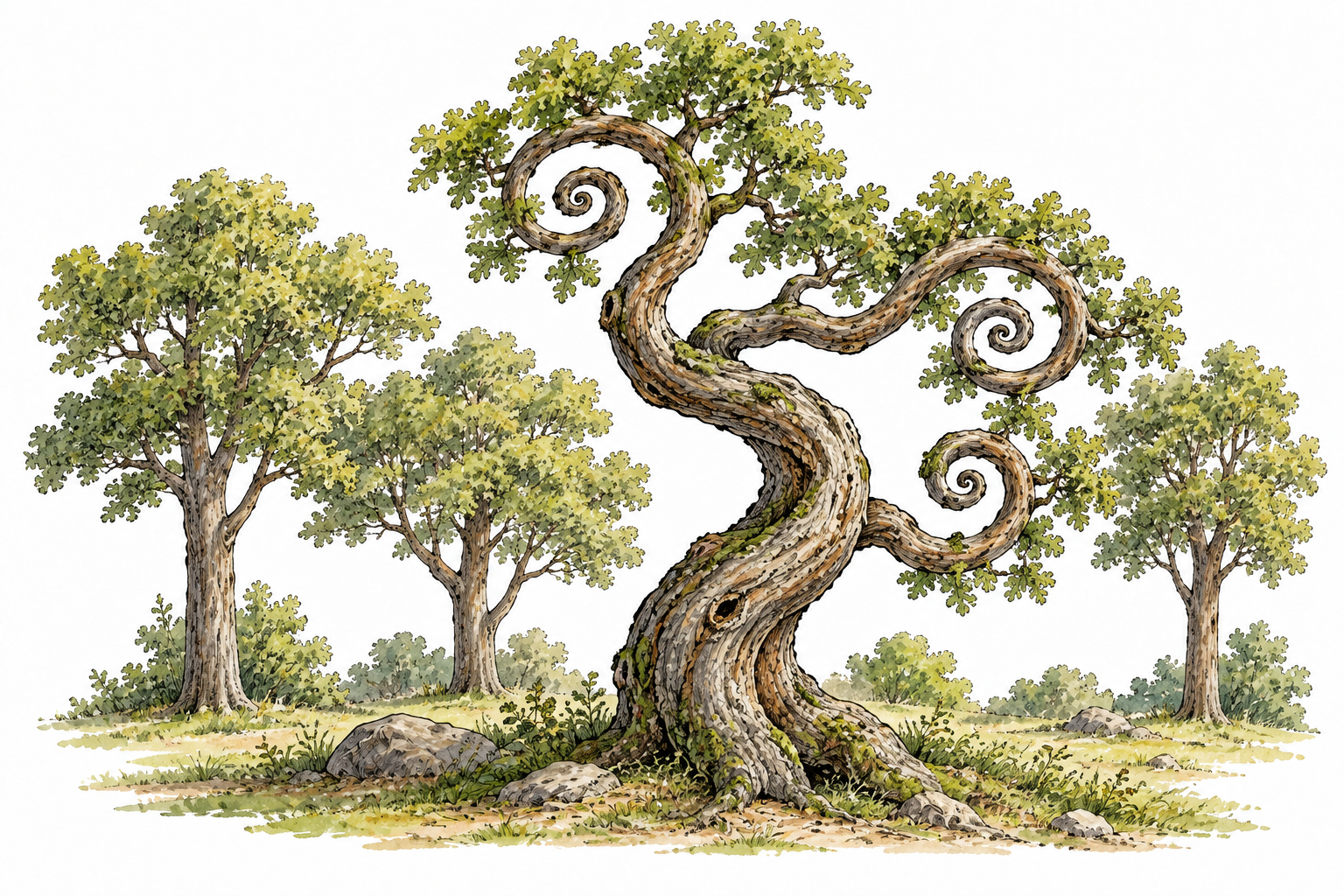 A strangely twisted tree with unexpected natural spiral branches in an otherwise ordinary grove.