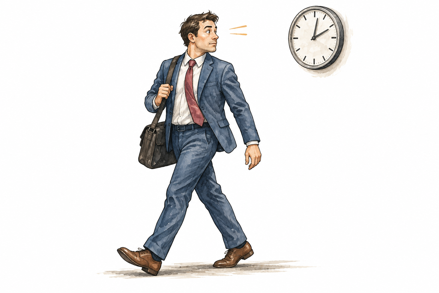 A commuter briefly glances sideways at a wall clock while continuing to walk.