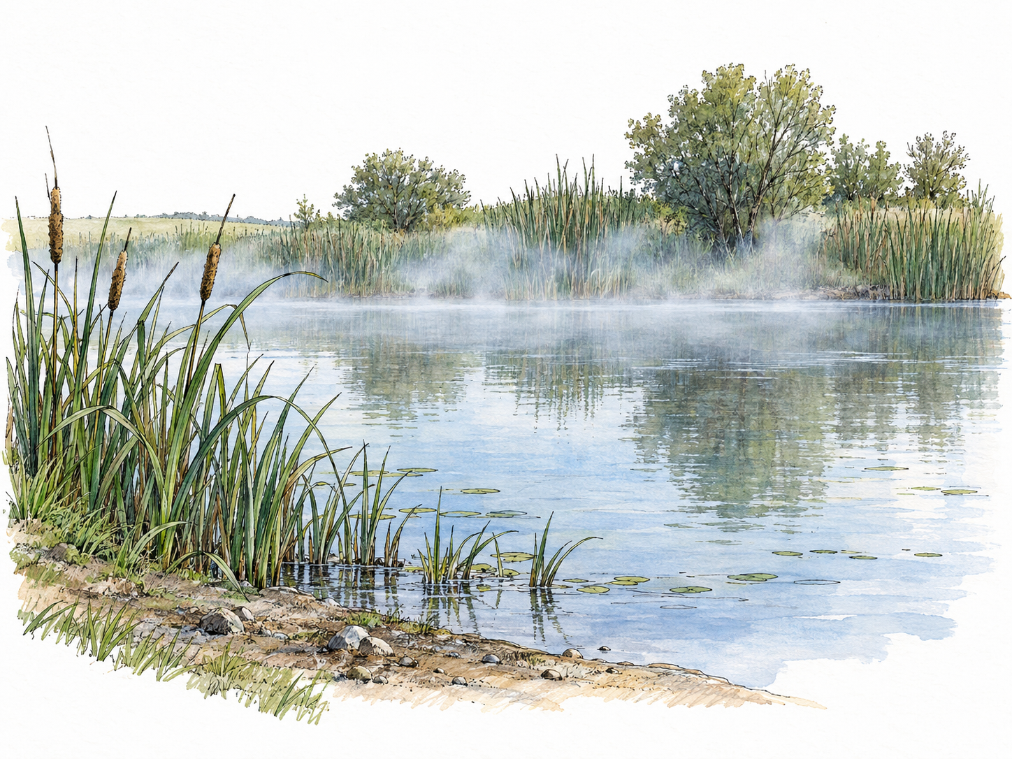 A thin, translucent veil of mist hangs just above a small pond, partially softening the reeds and opposite bank while leaving them visible through it.