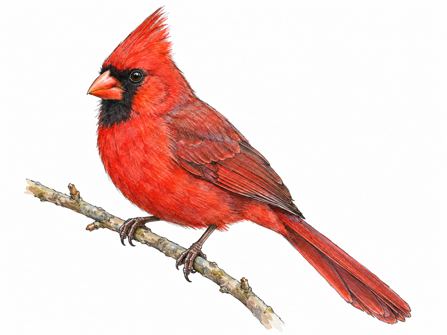 A male northern cardinal perched on a simple twig, clearly displaying its vivid red plumage, pointed crest, black facial mask and stout orange-red bill.