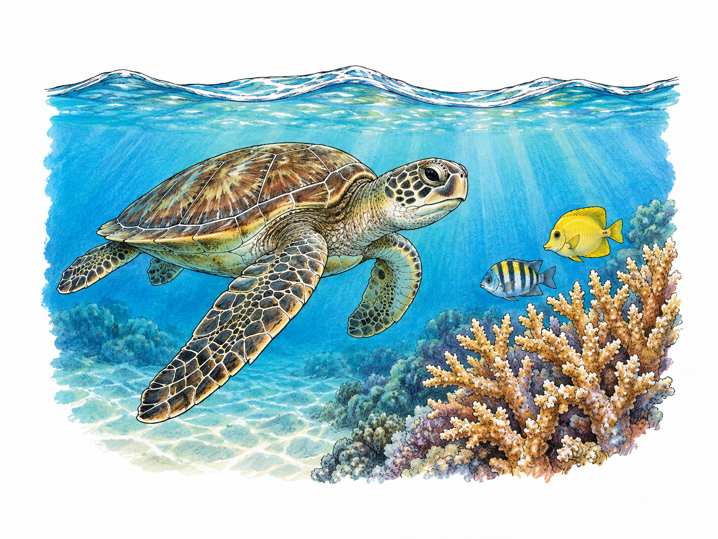 Small cutaway ocean-water vignette with sea turtle and branching coral below a gently curving sea surface; two small fish, white around bounded vignette.