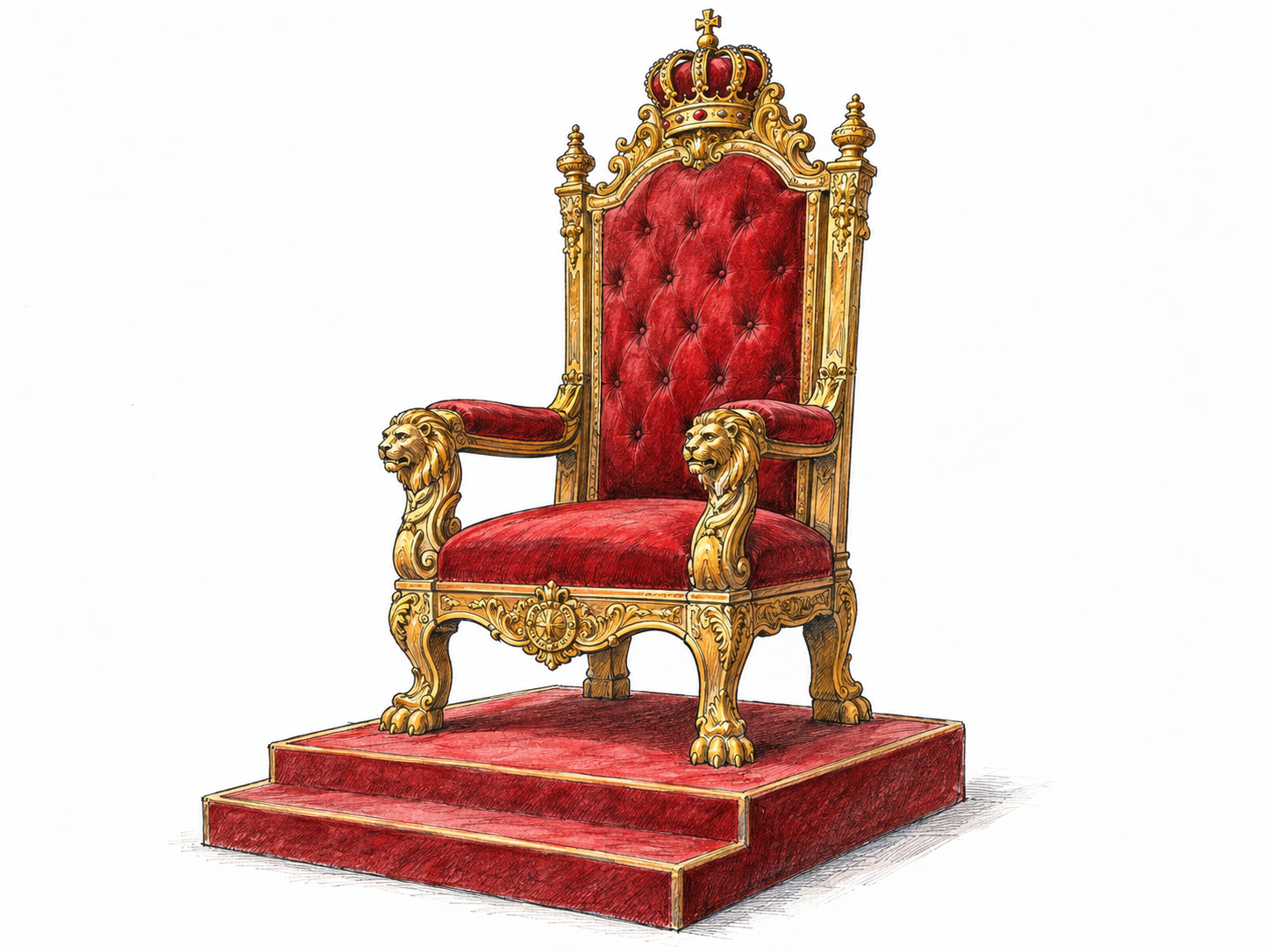 An imposing empty ceremonial throne, with a crown finial, richly upholstered high back, gilded armrests, and a low raised dais.