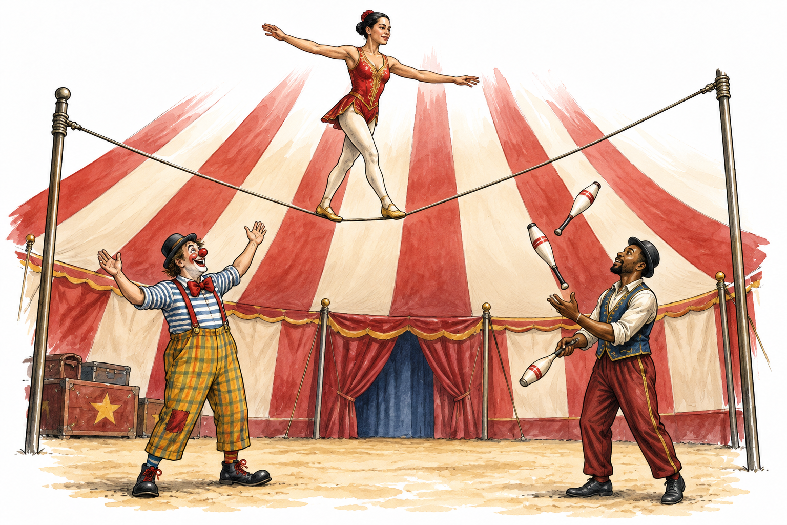 Inside a striped traveling circus tent, one acrobat balancing on a low rope with a clown and a juggler on the ground, vivid realistic human performance.