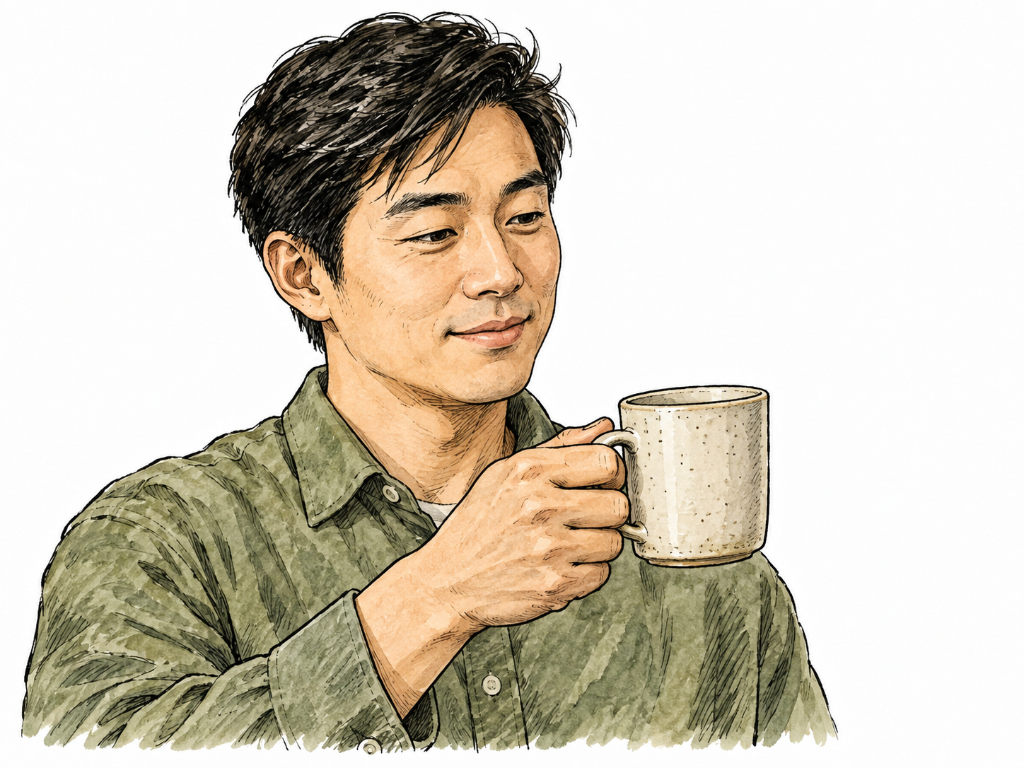 An East Asian adult securely holds a ceramic mug in one hand, simple close view.