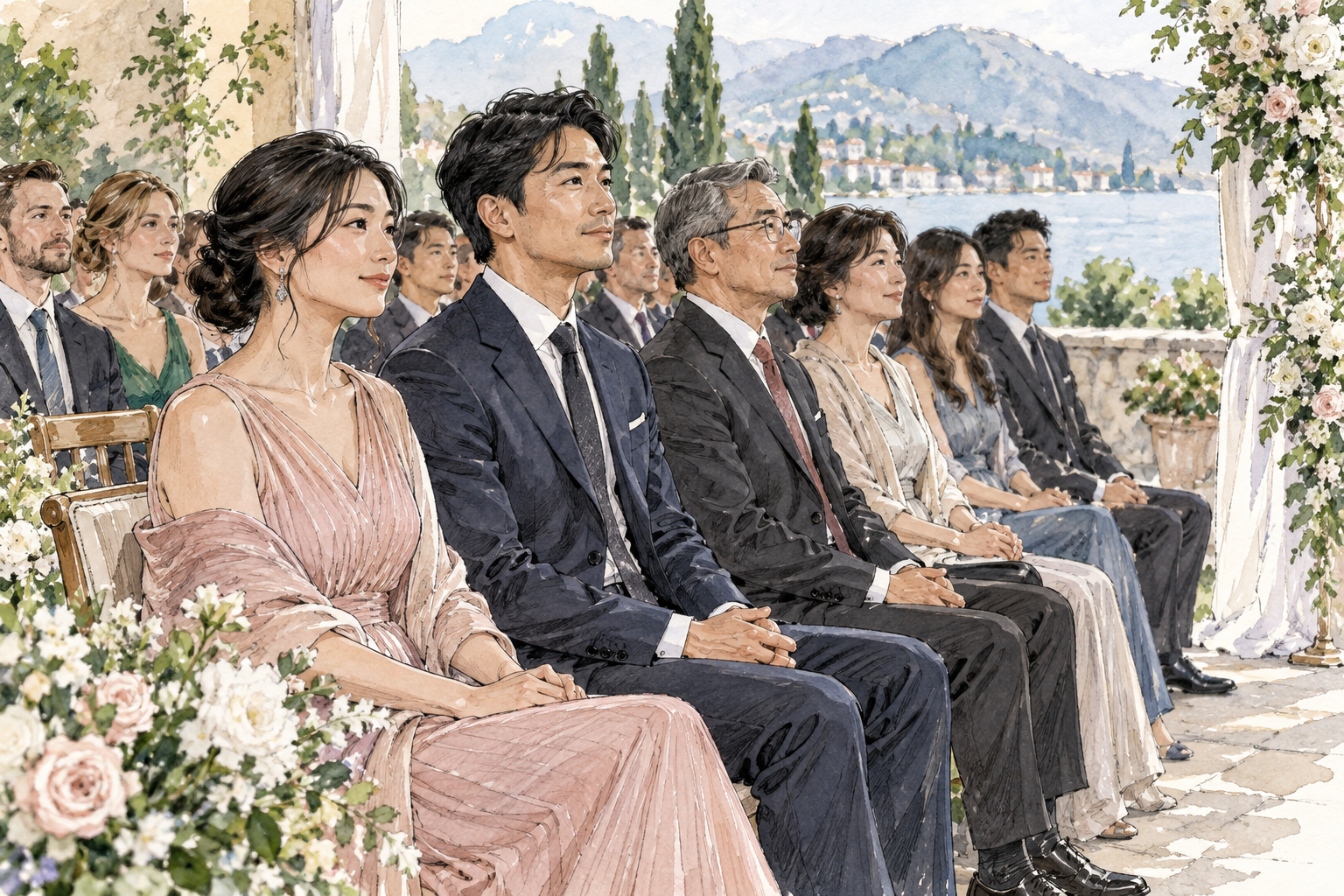 Formally dressed guests sit politely at a quiet ceremony, composed posture and respectful attention, tasteful restrained scene.