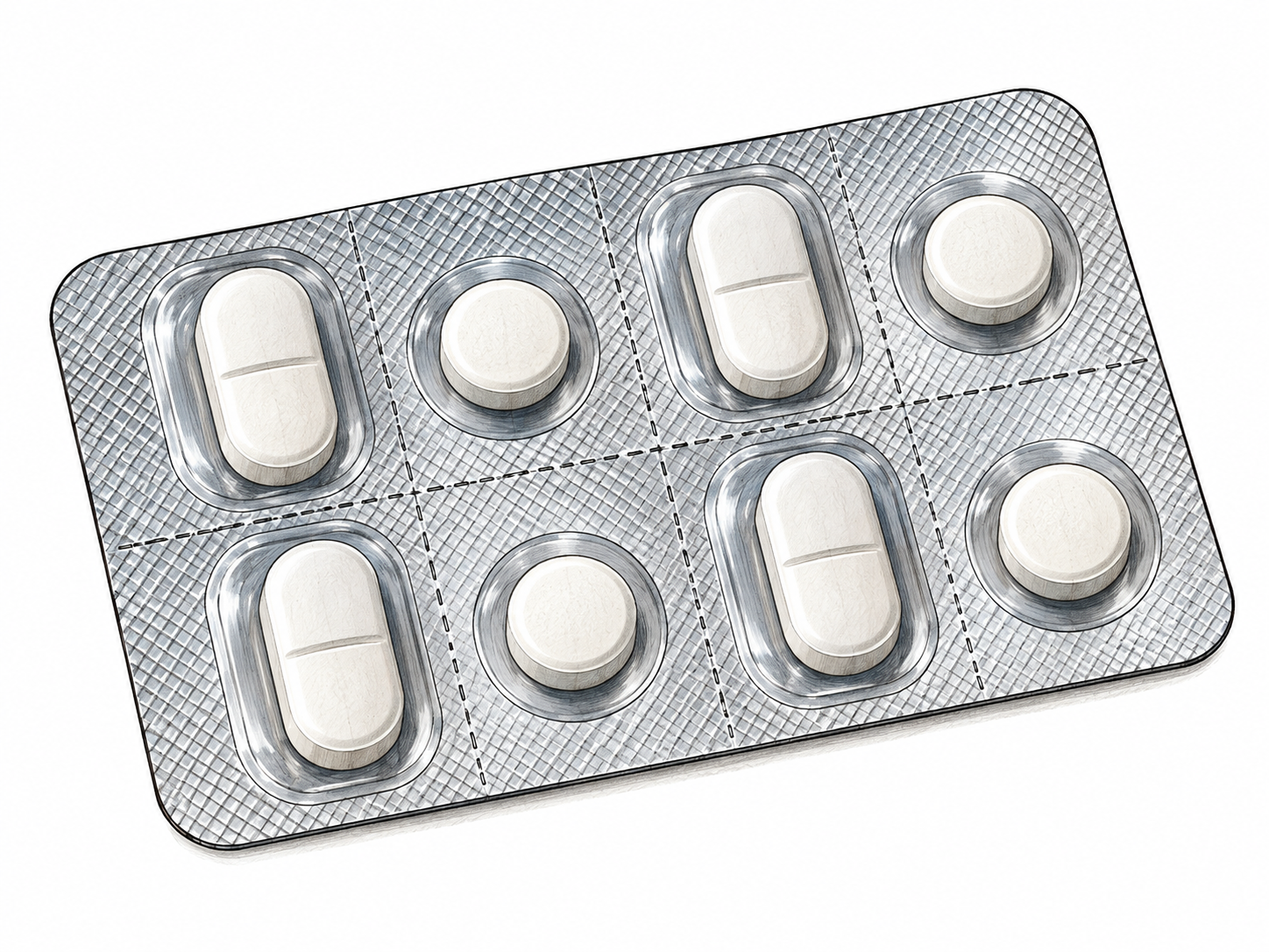 A plain unbranded tablet and small round pill sit in a clean medicine blister pack; no dosage directions or identifiable medication imprint.