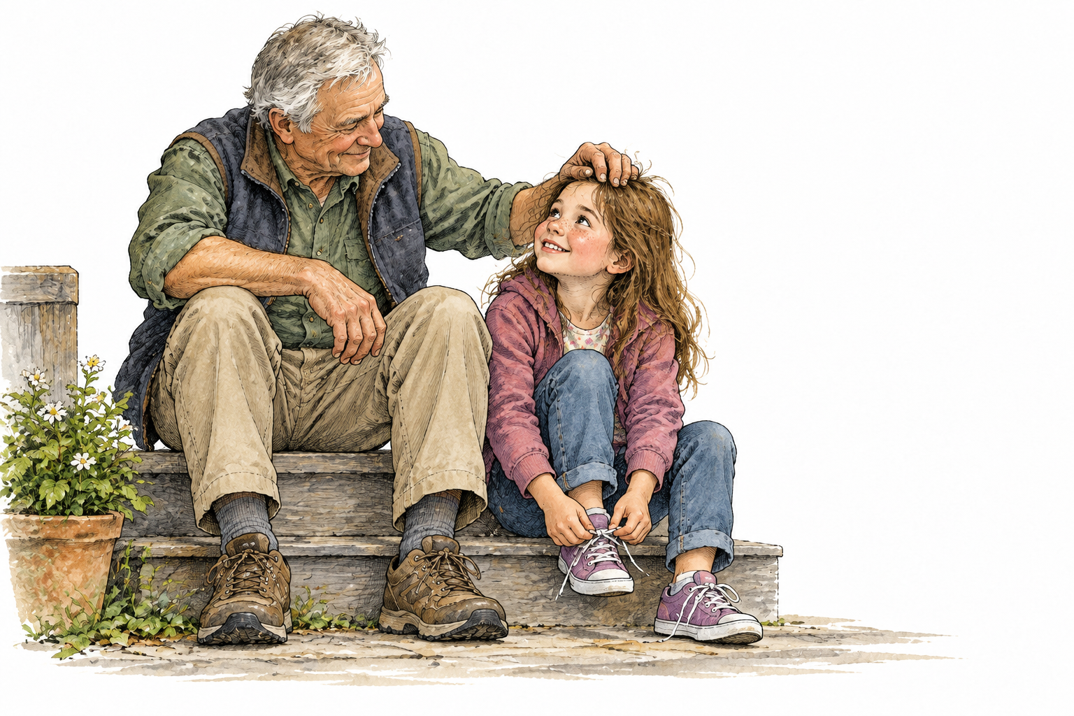 A grandfather affectionately ruffles a young girl's hair as they sit together tying her sneakers, warm familiar adult-child relationship.