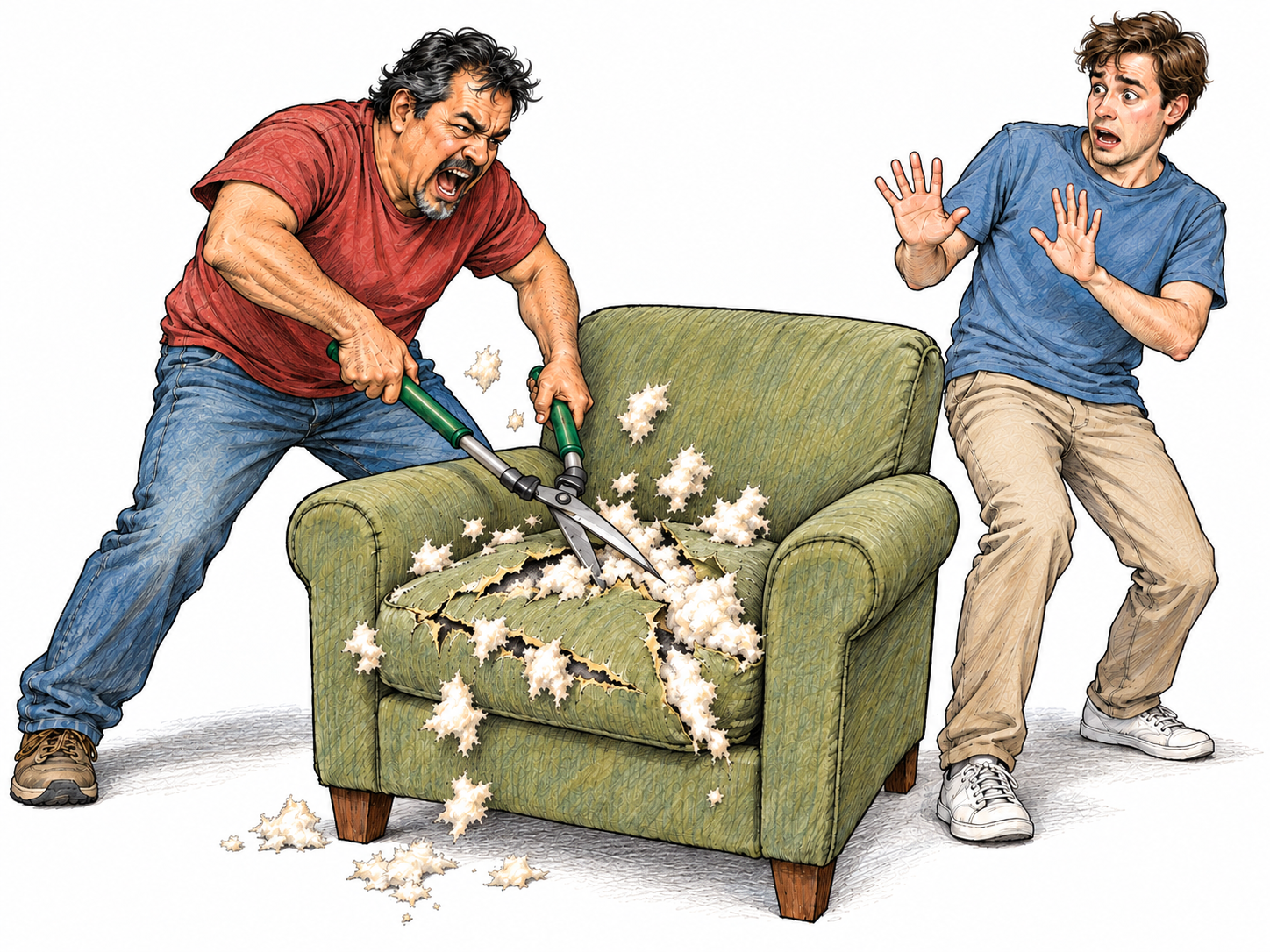 A man wildly attacks his own upholstered armchair with garden shears, cutting into the cushions as stuffing flies, while a startled bystander recoils.