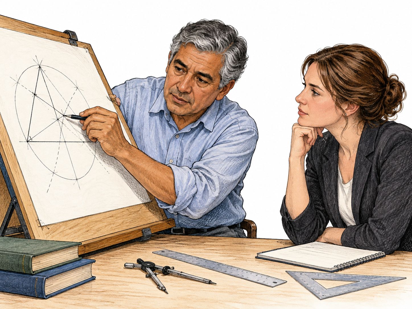 A knowledgeable adult readily solves a complex geometric construction at a drawing board while another adult listens; deeply versed in the subject, no readable formula or generic confident pose alone.