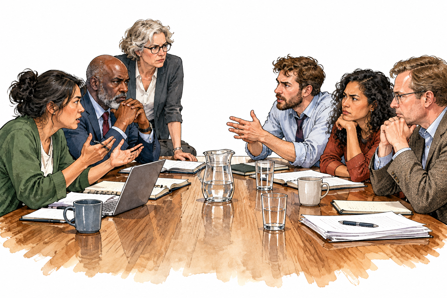 A committee splits into two disagreeing groups around the same table, serious internal disagreement.