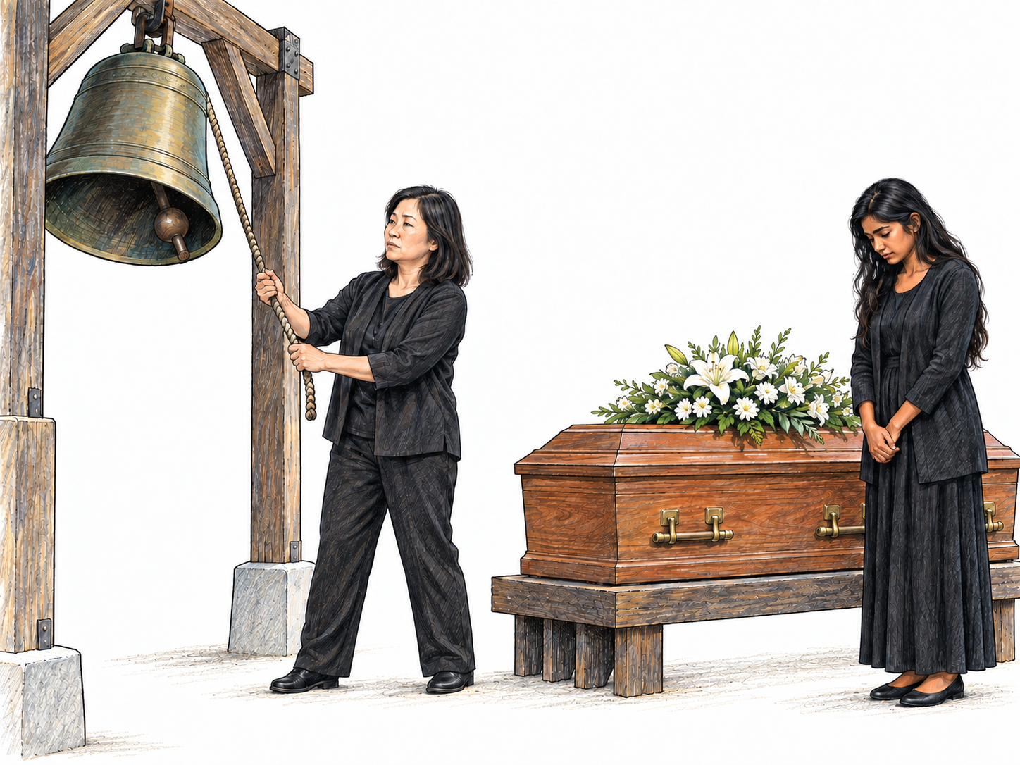 A funeral bell being rung beside a flower-covered coffin: the moving clapper and taut bell rope establish ringing, while the coffin and mourning figure make its association with death visible.