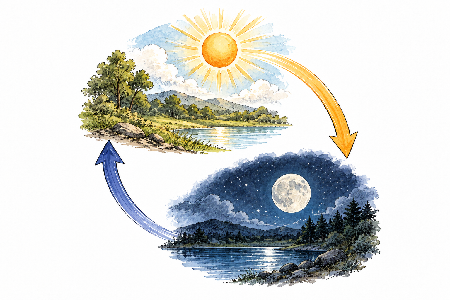 A circular arrow path passes repeatedly between a sun symbol and moon symbol, alternating day and night.