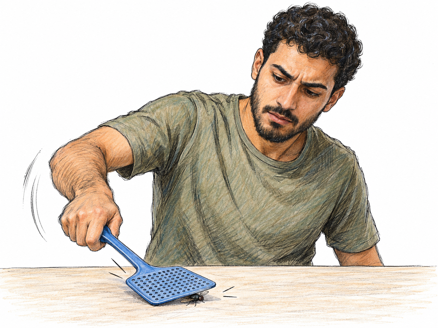 A young man snaps a flyswatter down onto a fly on a bare tabletop, shown at contact with a short curved motion stroke emphasizing the quick, sharp swing.