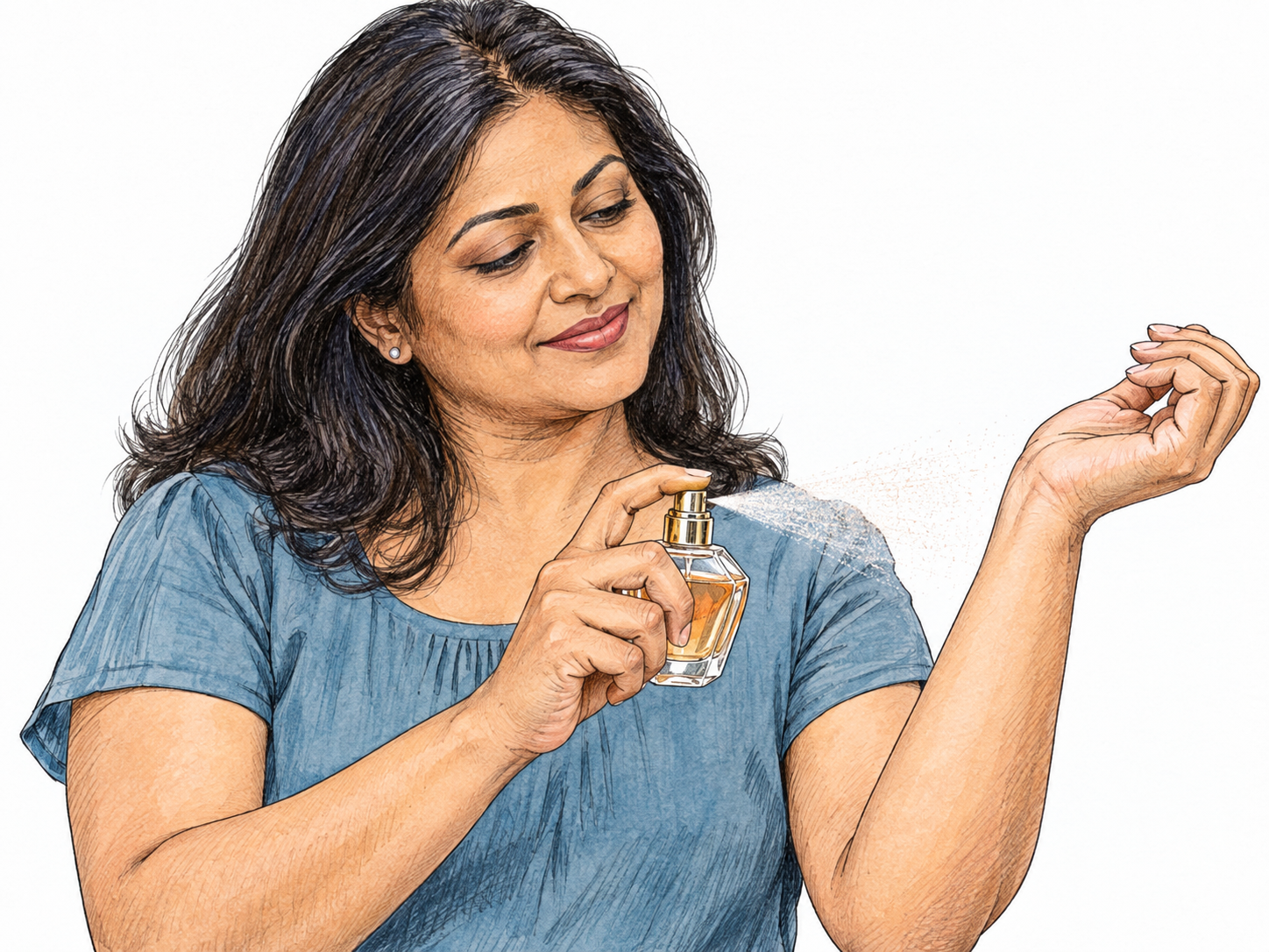 A woman applies perfume from a small elegant atomizer to her exposed inner wrist; transparent amber liquid and a fine spray make the scented body liquid concrete.