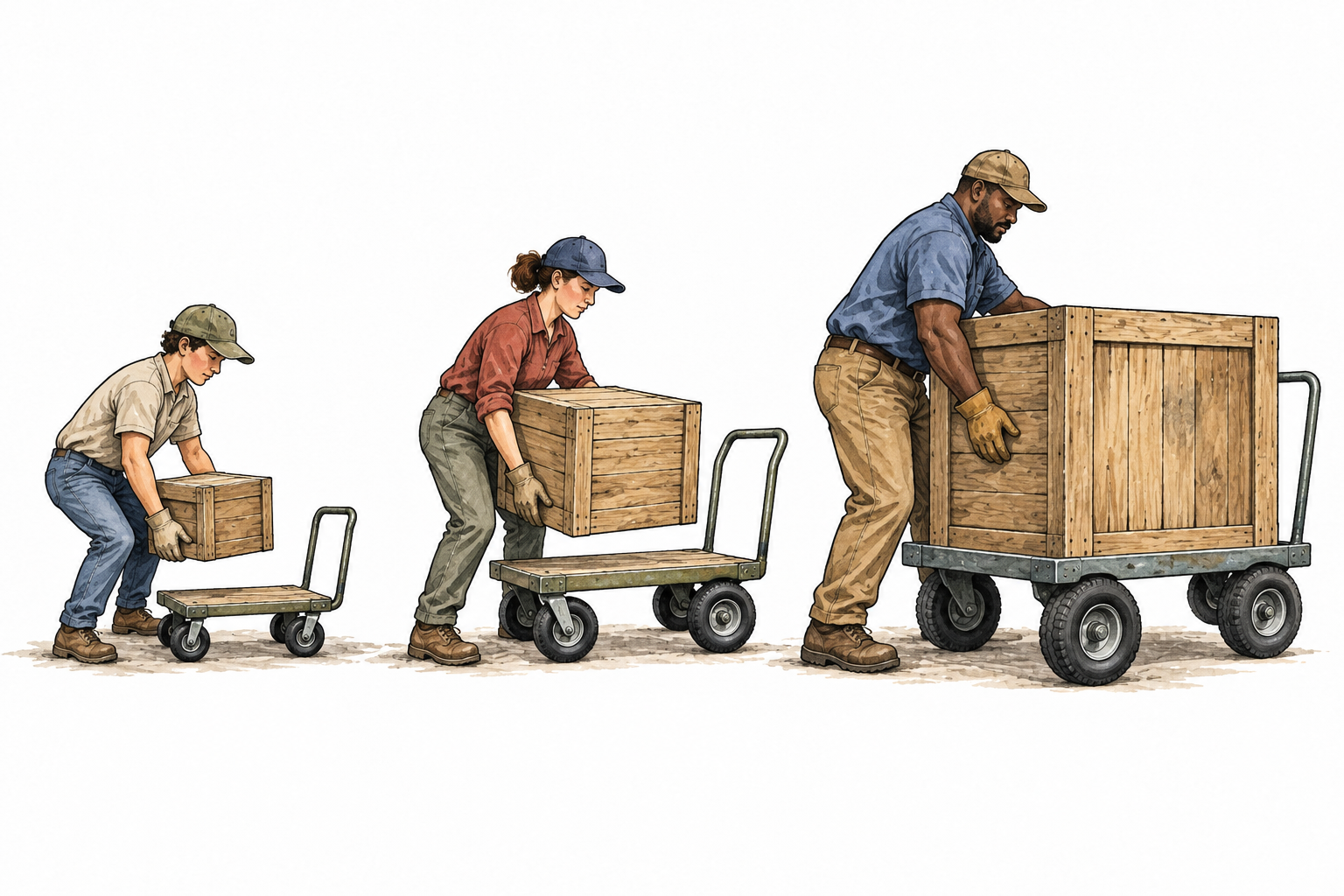 Three workers lift increasingly heavy crates with correspondingly larger wheeled carts, appropriate capacity matched.