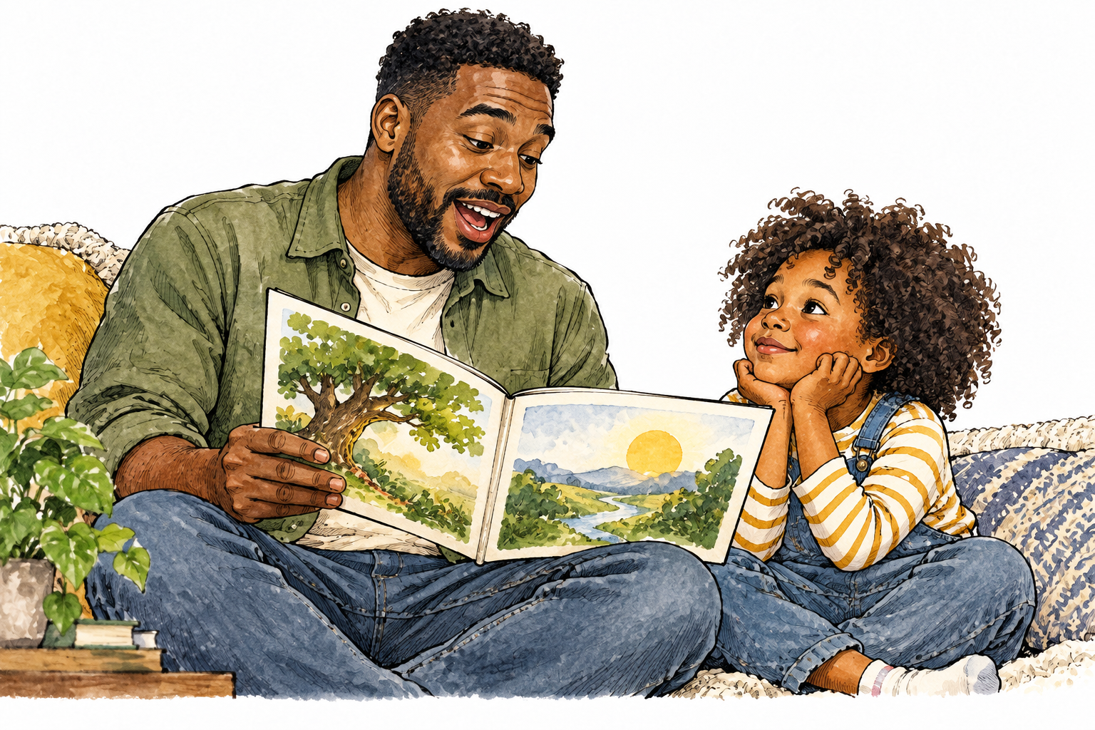 Black father reads aloud from a picture book to attentive child, open mouth and listening child, pages pictures only.