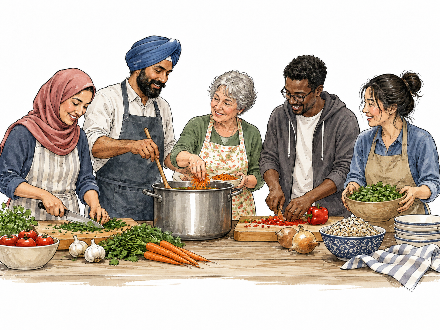 Diverse adult newcomers and longtime residents jointly cook a shared community meal, mutual participation with individual clothing preserved.