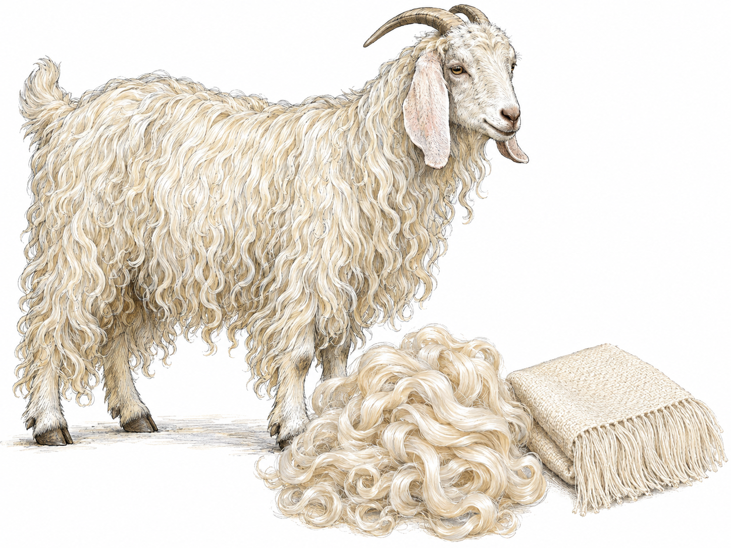 An unmistakable Angora goat beside a loose bundle of its long, silky ringlets, with a small woven fabric swatch showing the same lustrous fibers.
