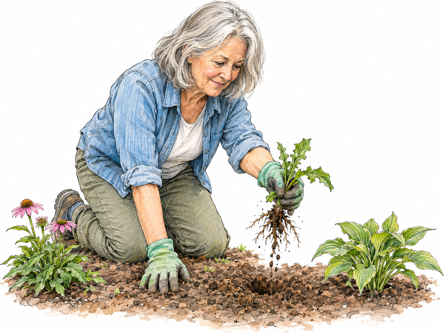 An older woman pulls a weed out of a garden bed, holding it just above the small hole with its roots exposed and loose soil falling back.