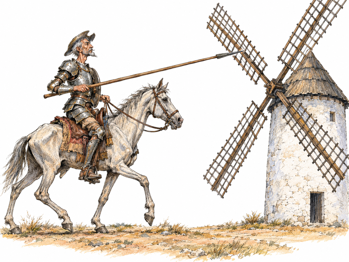 Don Quixote, an earnest, ill-equipped knight on a thin horse, charges an ordinary windmill with a lowered lance: heroic idealism directed at a plainly inappropriate opponent.