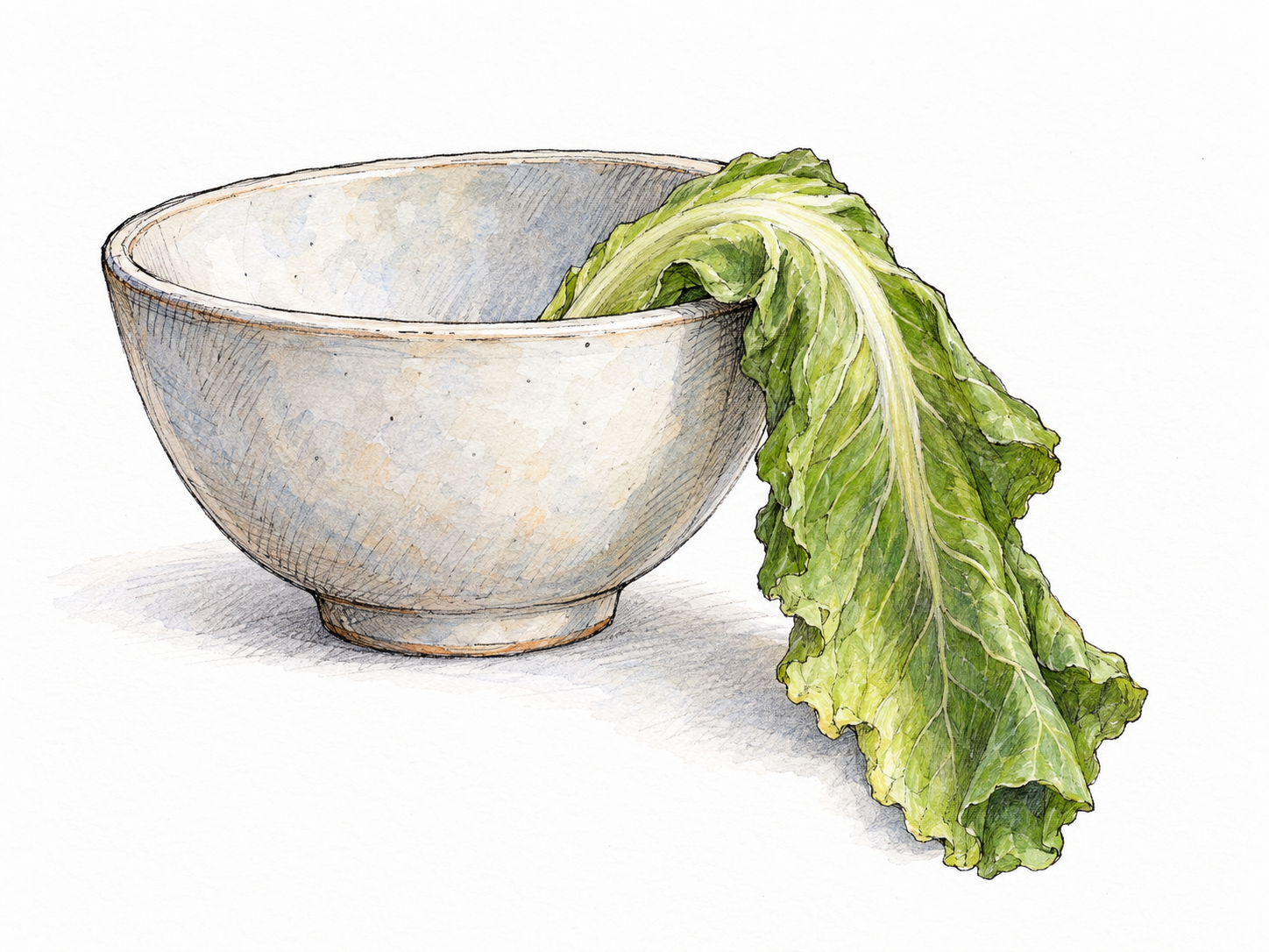 A wilted lettuce leaf draped over the rim of a plain bowl, its soft blade sagging and folding limply downward.