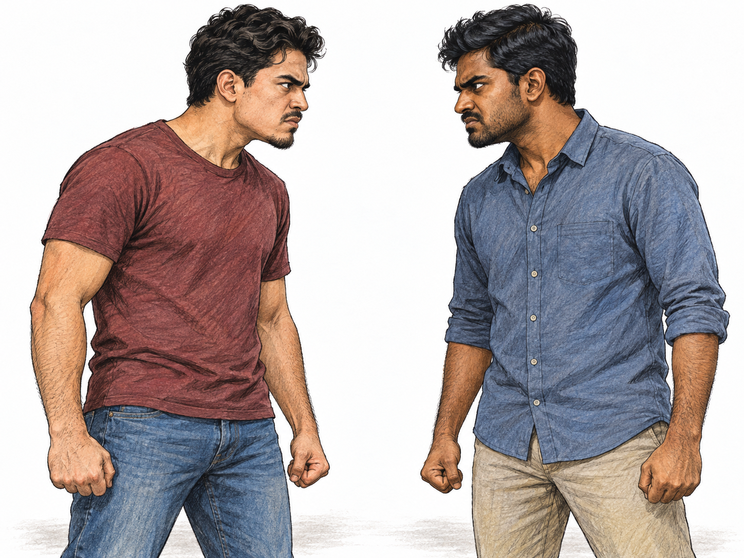 Two men confront one another at close range, exchanging unmistakably hostile glares, with clenched fists held low and rigid, antagonistic postures.