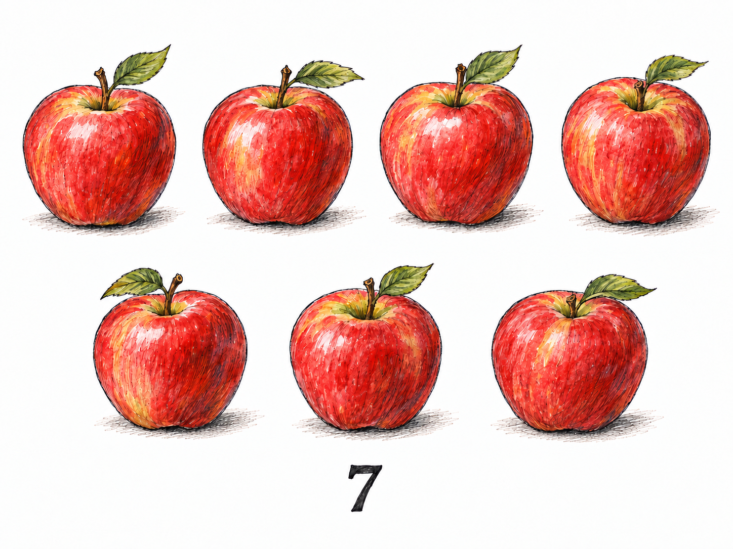 Seven separate red apples arranged in two orderly rows, four above and three below, with a small numeral 7 centered beneath the group.